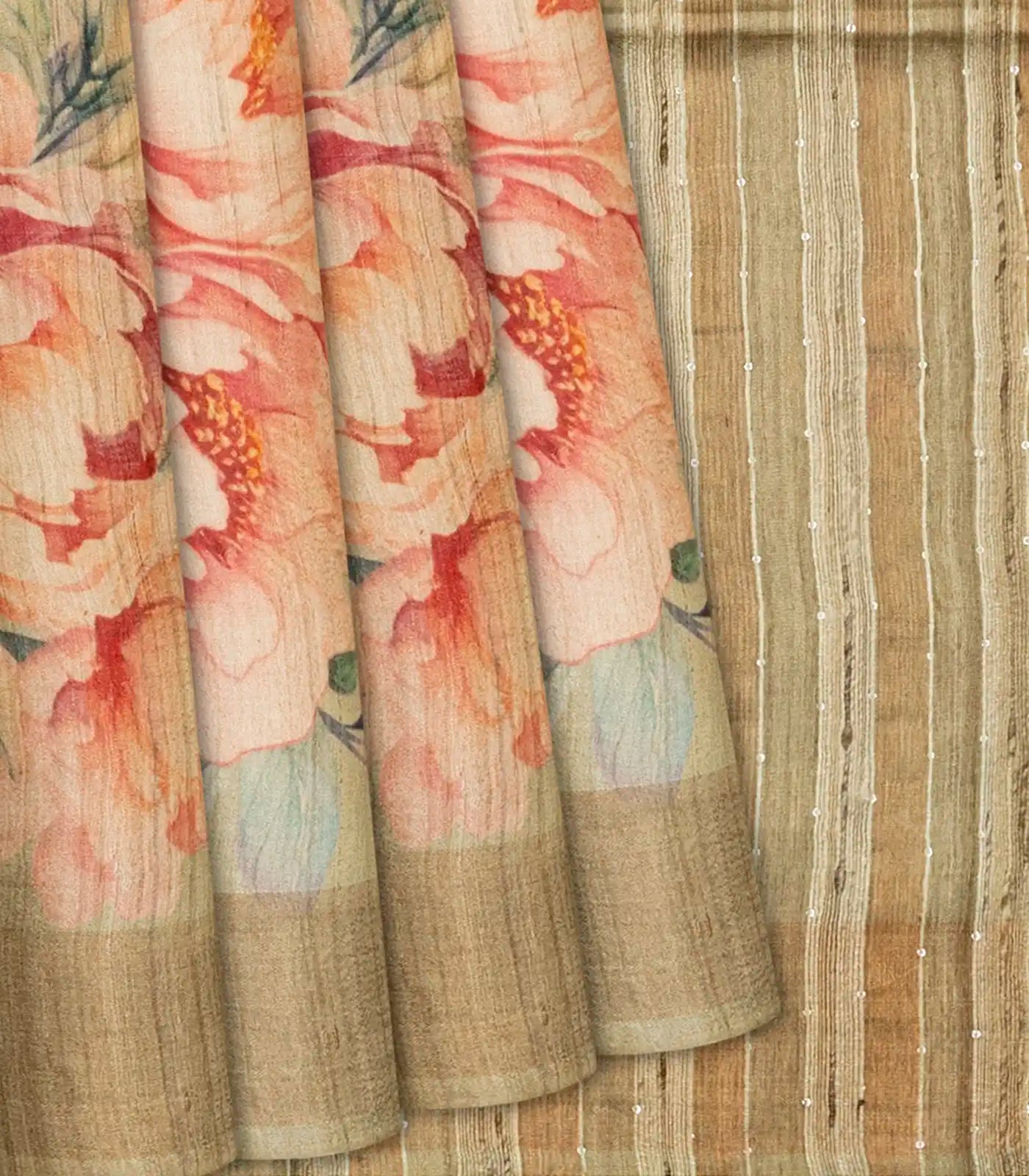 RmKV Light Green Handloom Tussar Silk Saree With Printed Crane Motifs-Light Green