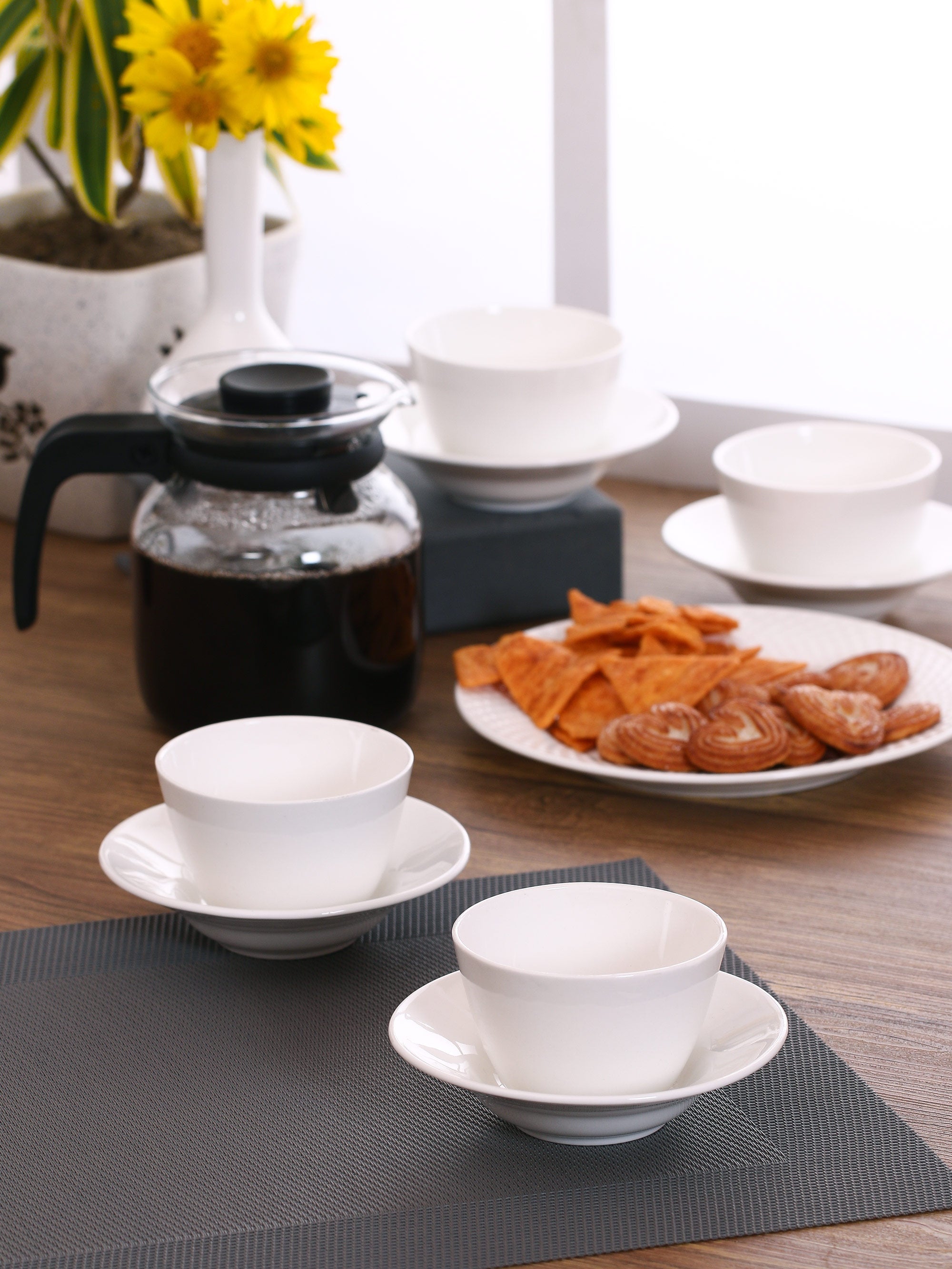 Clay Craft Basic Cup & Saucer Kawa, Set of 12 (6 Cups + 6 Saucers), Plain White