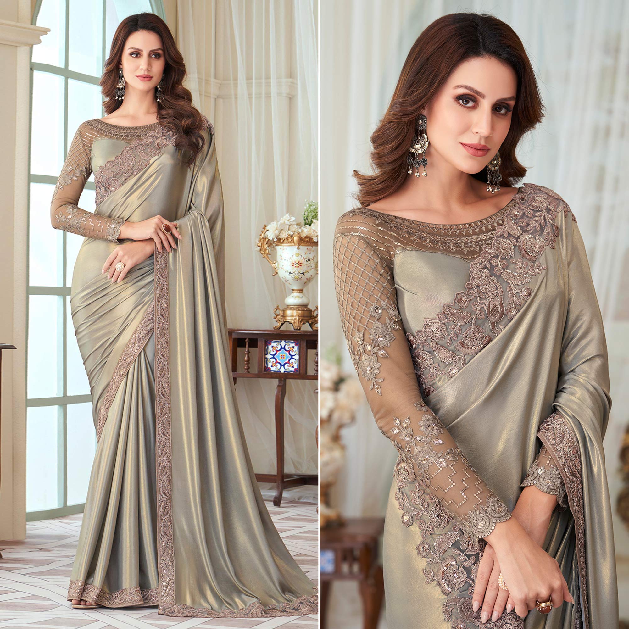 Peachmode Grey Sequins Embroidered Satin Saree