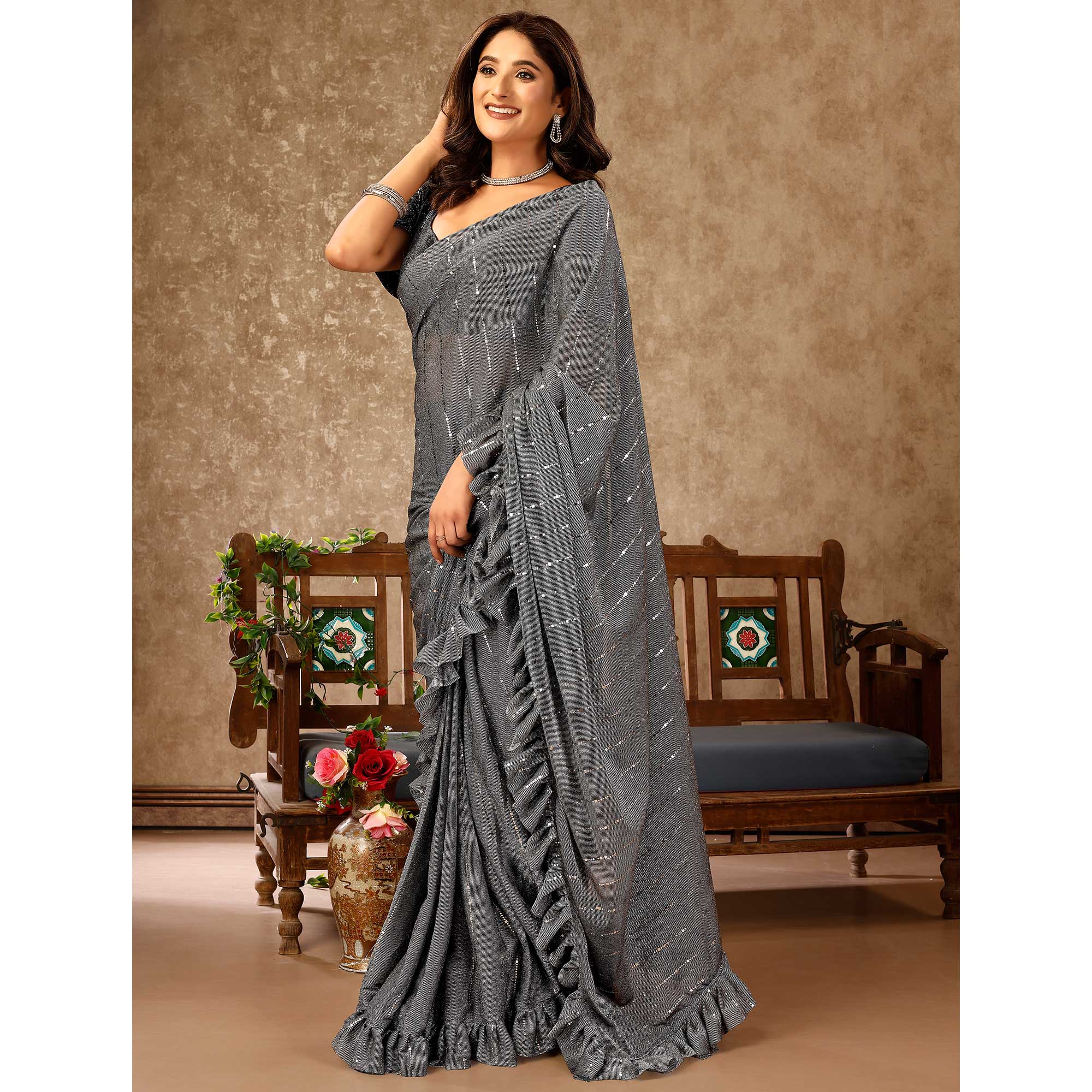 Peachmode Seller Grey Tikki Work Lycra Ready To Wear Ruffle Saree - view 4