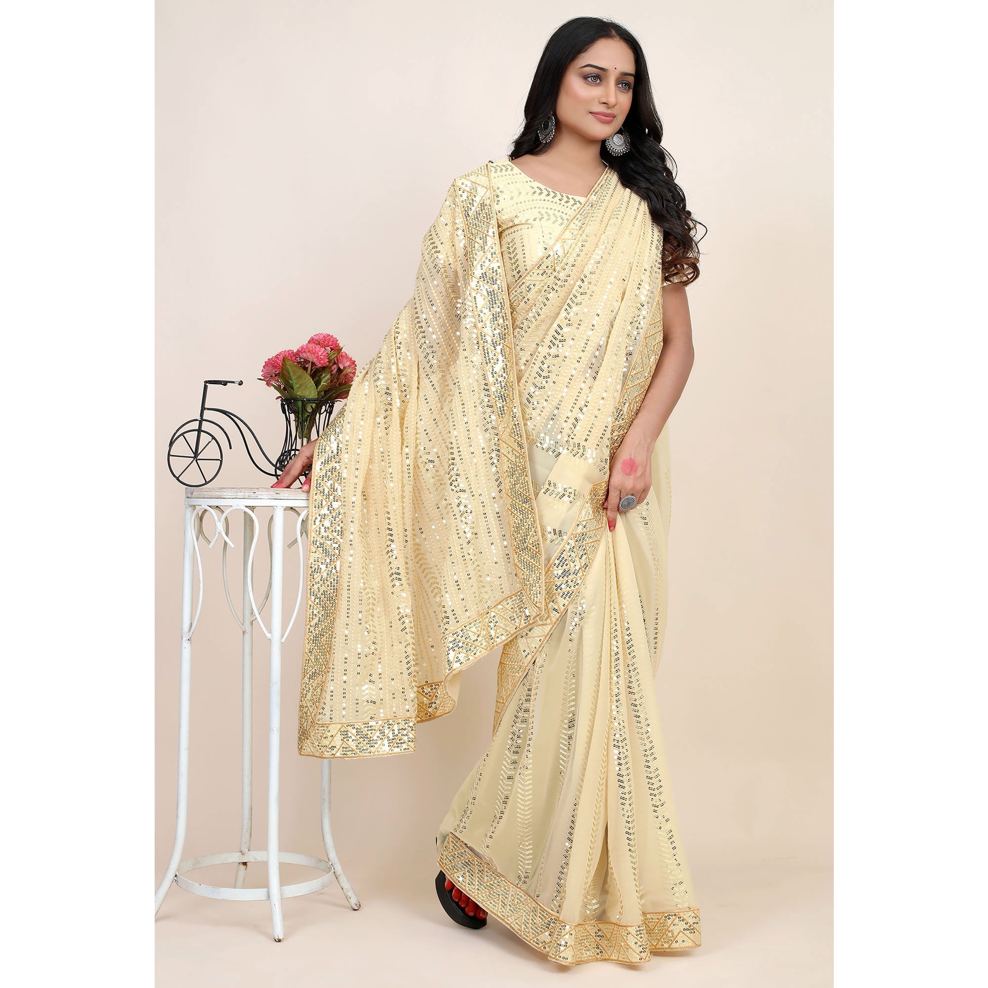 Peachmode Light Chikoo Sequins Embroidered Georgette Saree - view 6