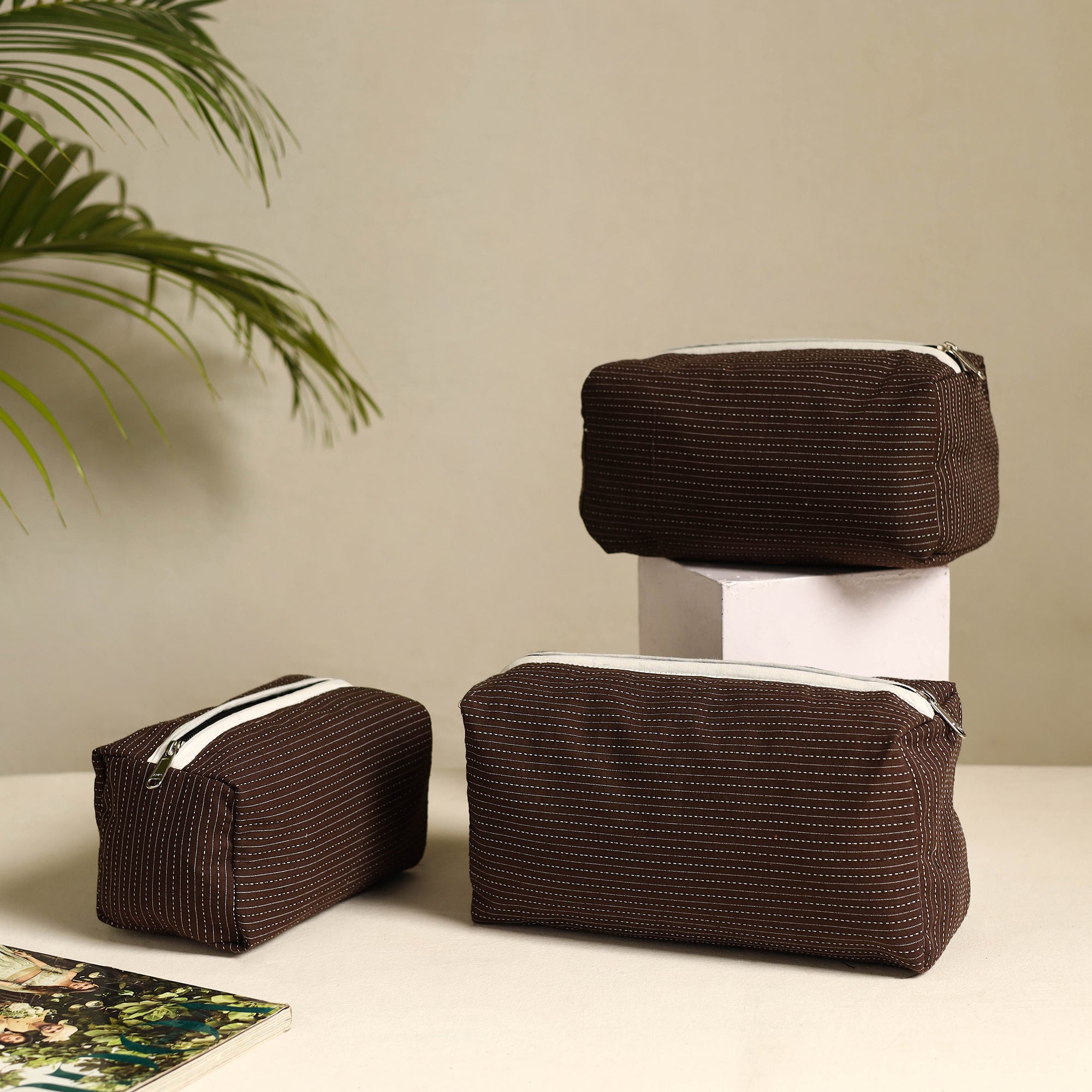 NOORI BAZAR Brown - Handmade Cotton Toiletry Bags (Set of 3) 09