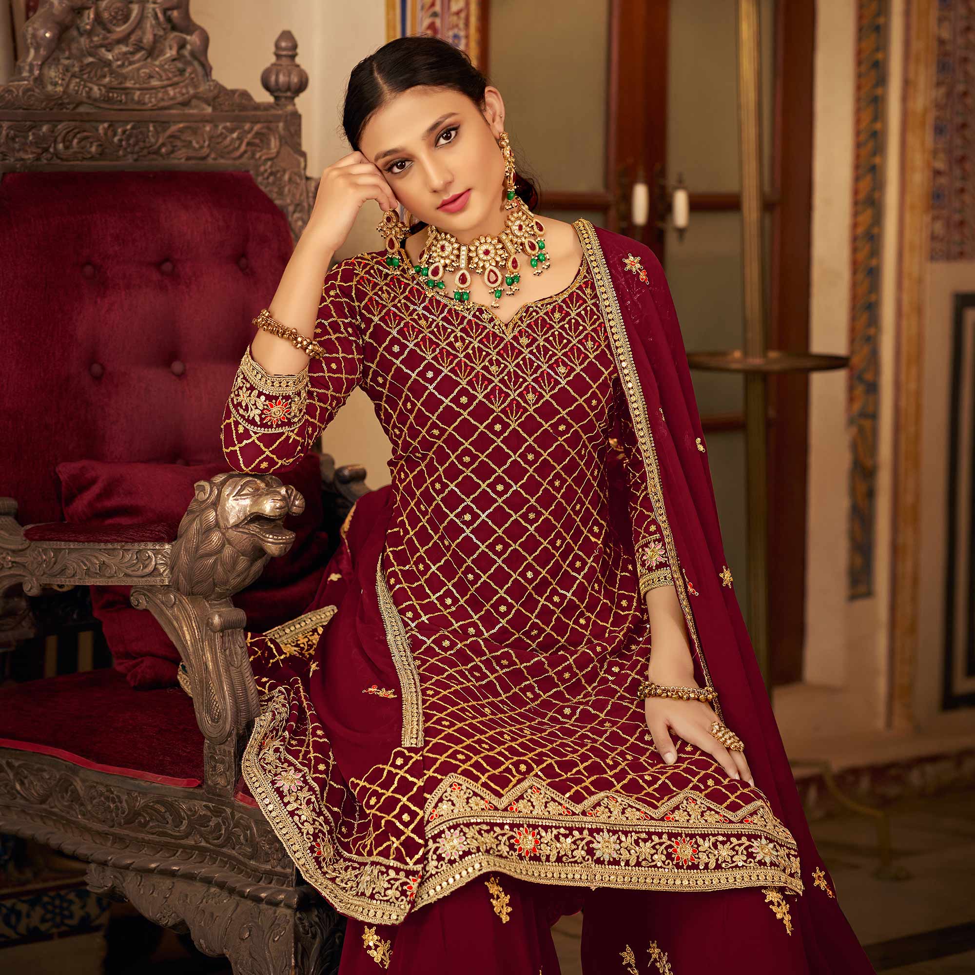 Peachmode Maroon Sequins Embroidered Chinon Semi Stitched Suit - view 4