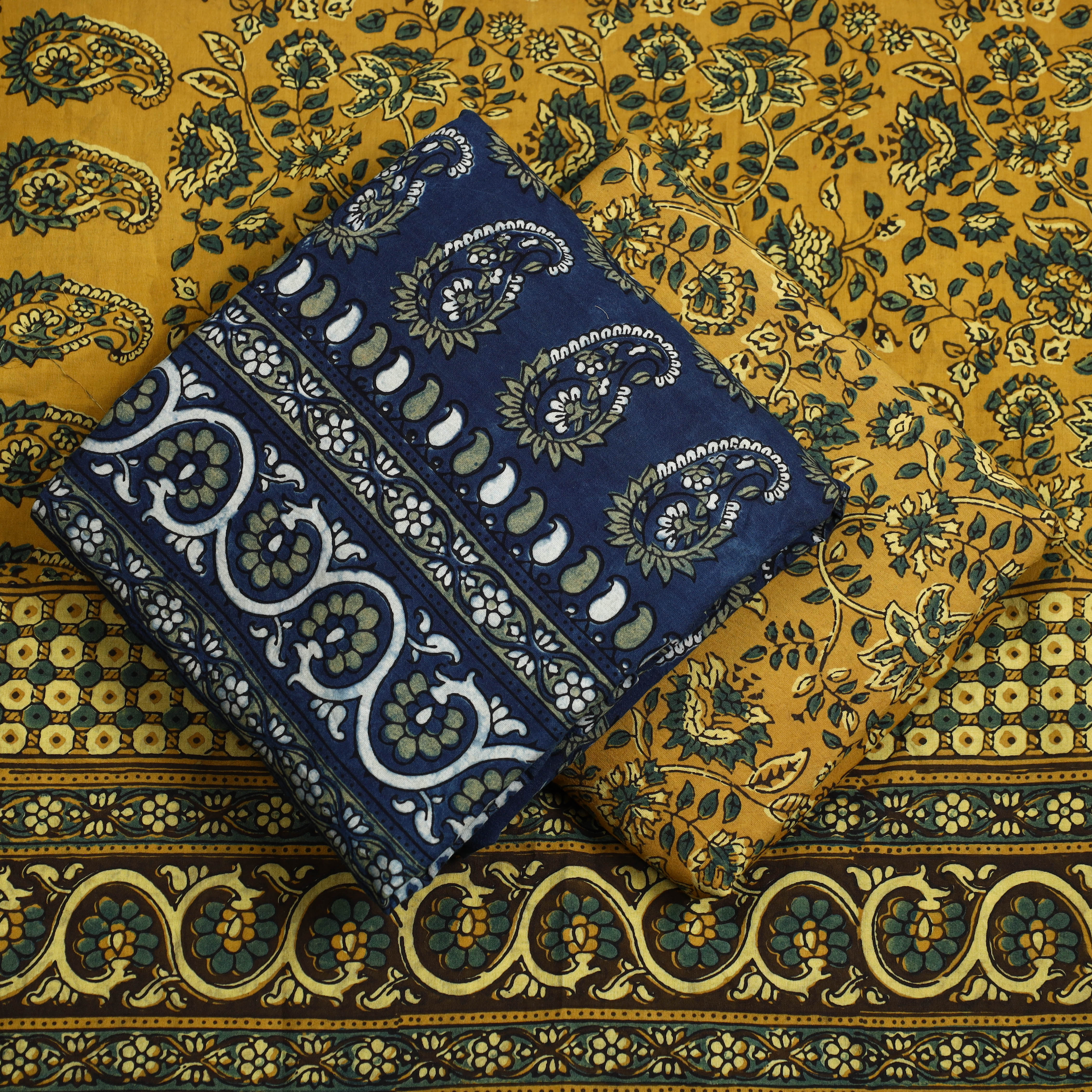 AJRAKH BY JABBAR KHATRI Blue - 3pc Ajrakh Block Printed Natural Dyed Cotton Suit Material Set 08 - view 2