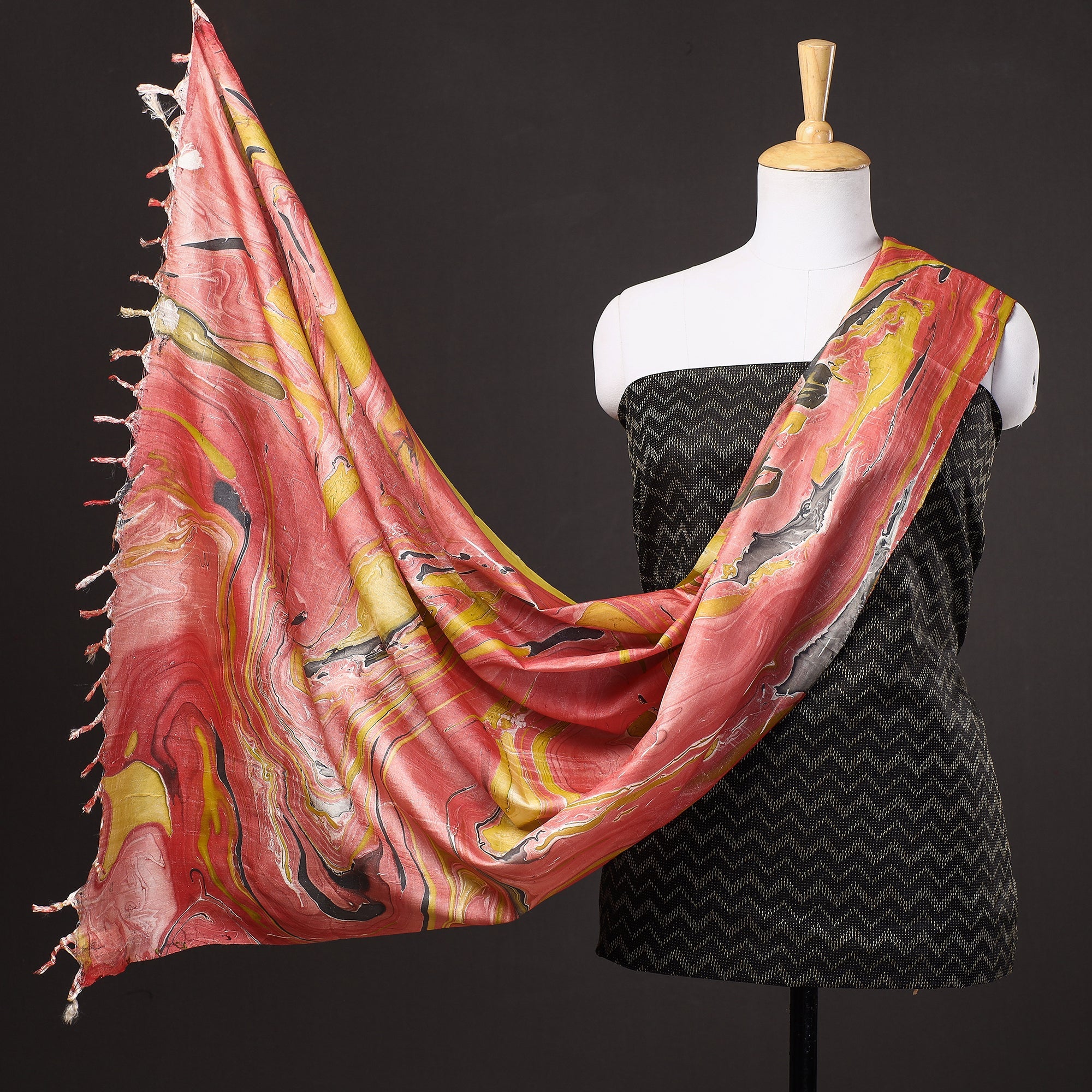 RUISA Black - 3pc Handloom Mulberry Suit Material Set with Banana Silk Marble Printed Dupatta