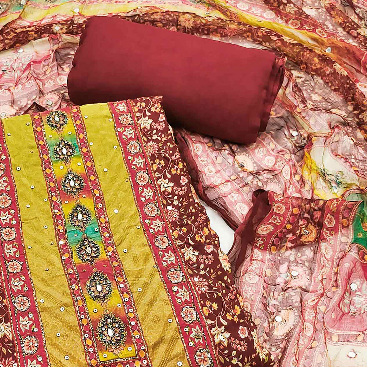 Peachmode Maroon Embroidered With Printed Work Muslin Dress Material - view 2