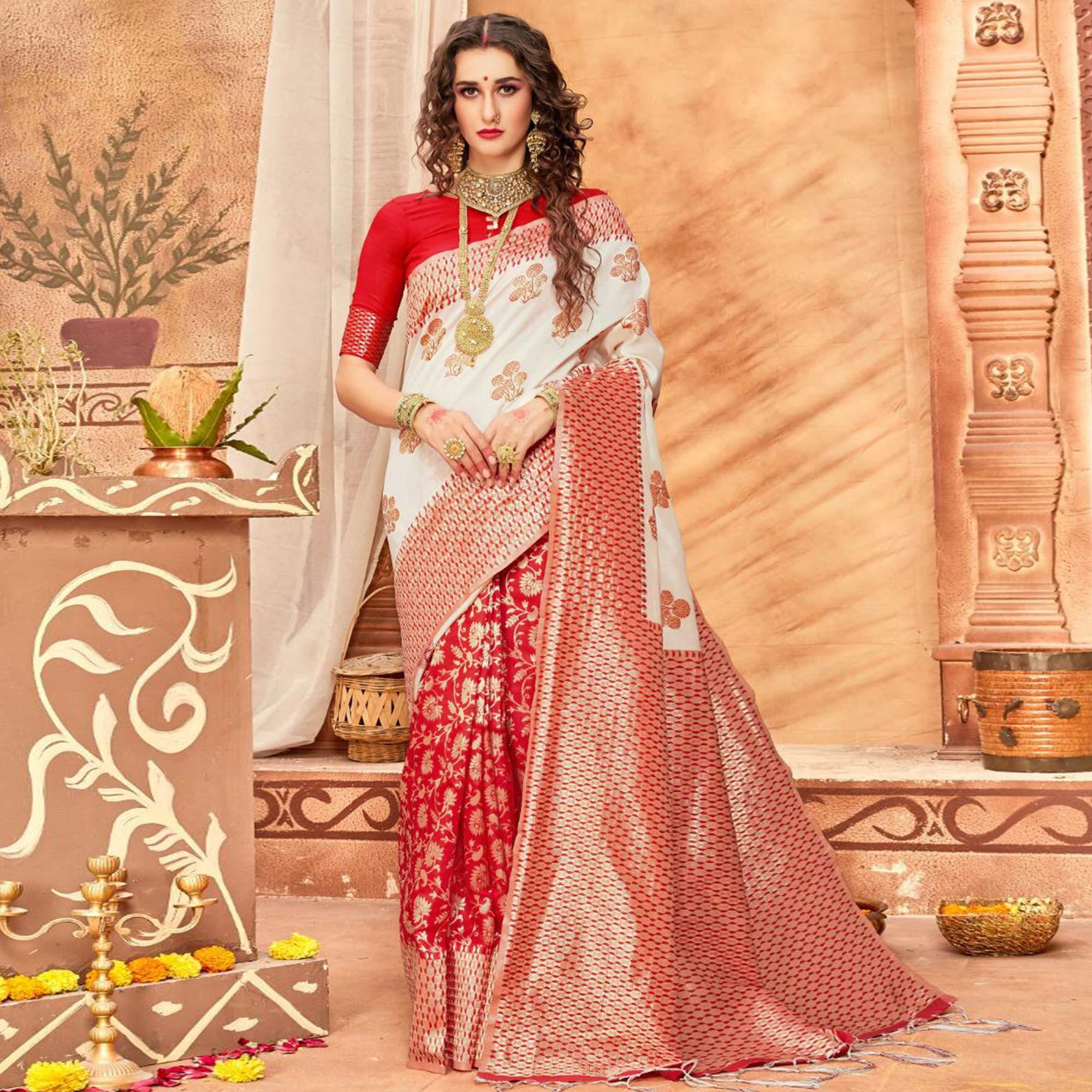 Peachmode Mesmeric Cream & Red Colored Festive Wear Woven Silk Blend Saree With Tassels