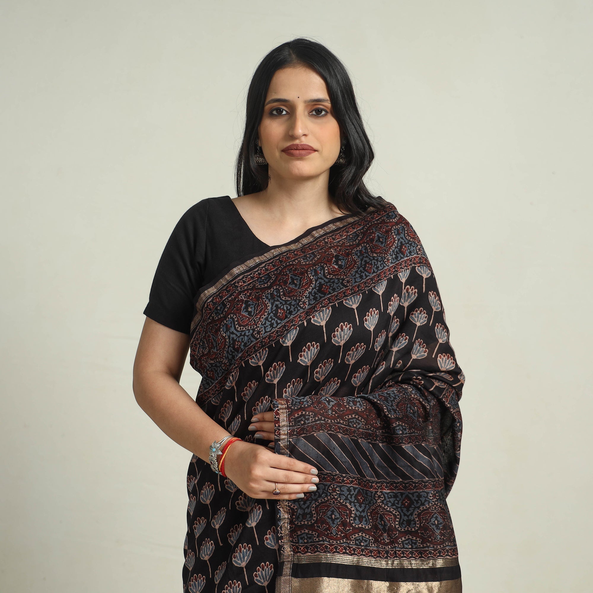AJRAKH BY JABBAR KHATRI Black - Chanderi Silk Block Printed Ajrakh Saree 05 - view 3