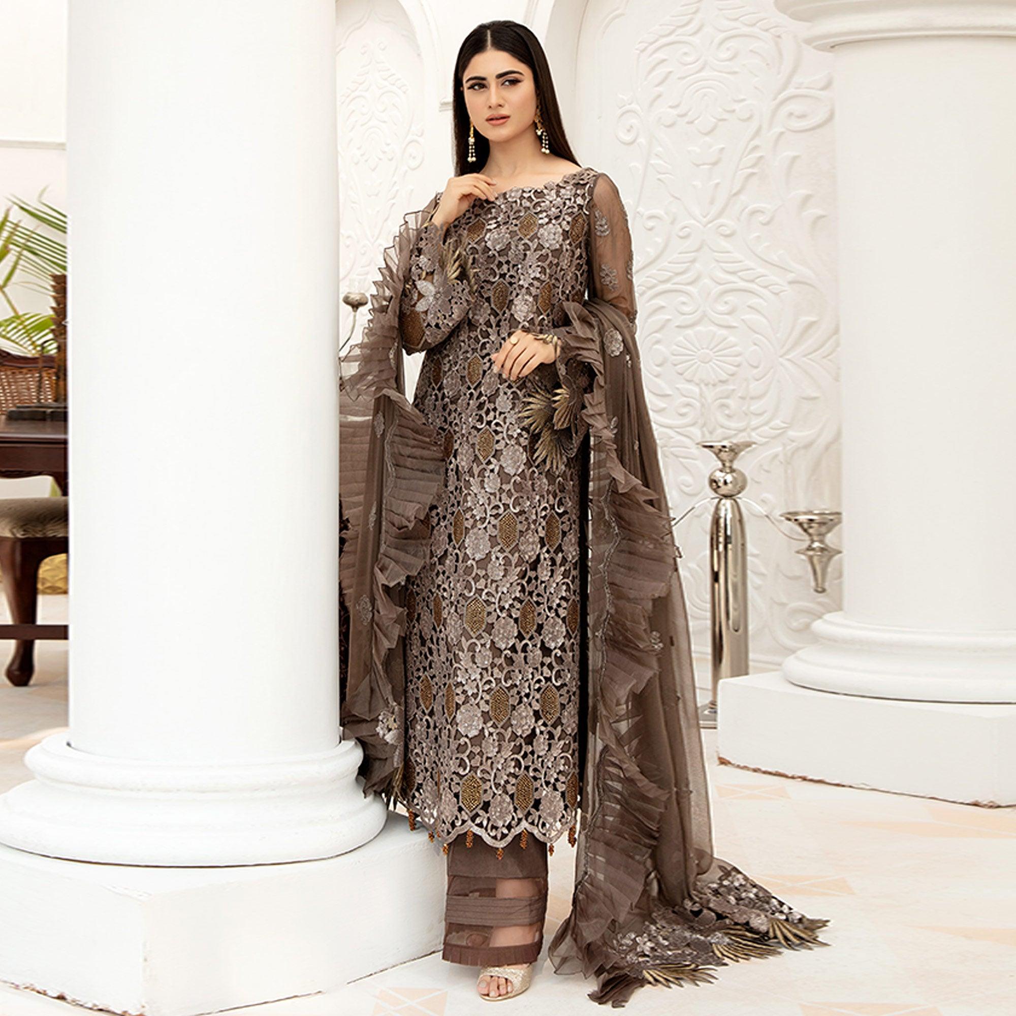 Peachmode Brown Embellished With Embroidered Net Pakistani Suit - view 2