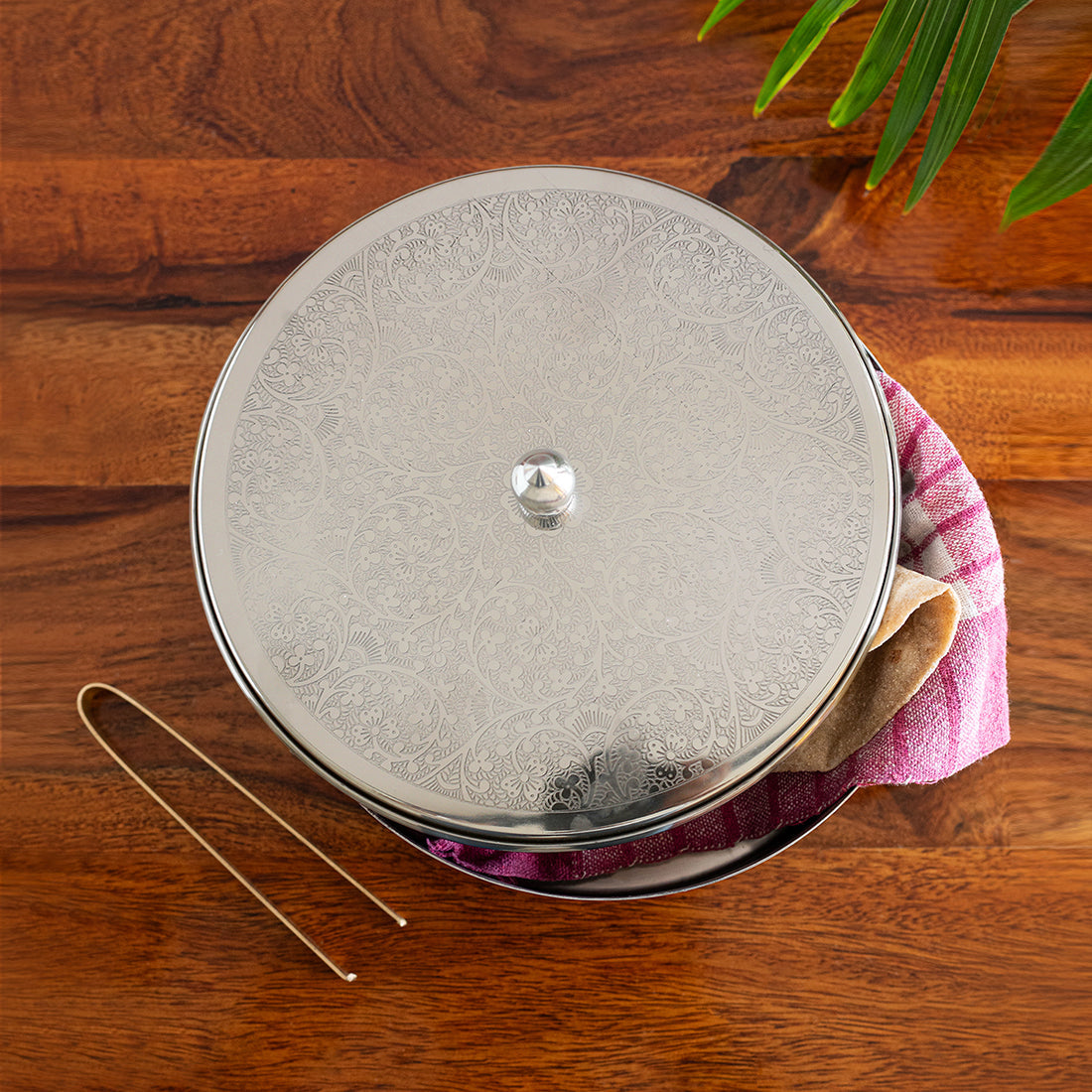 EXCLUSIVELANE 'Floral Hand-Etched' Chapati Box In Stainless Steel With Tong In Brass (8.4 Inch, 1140 ml)