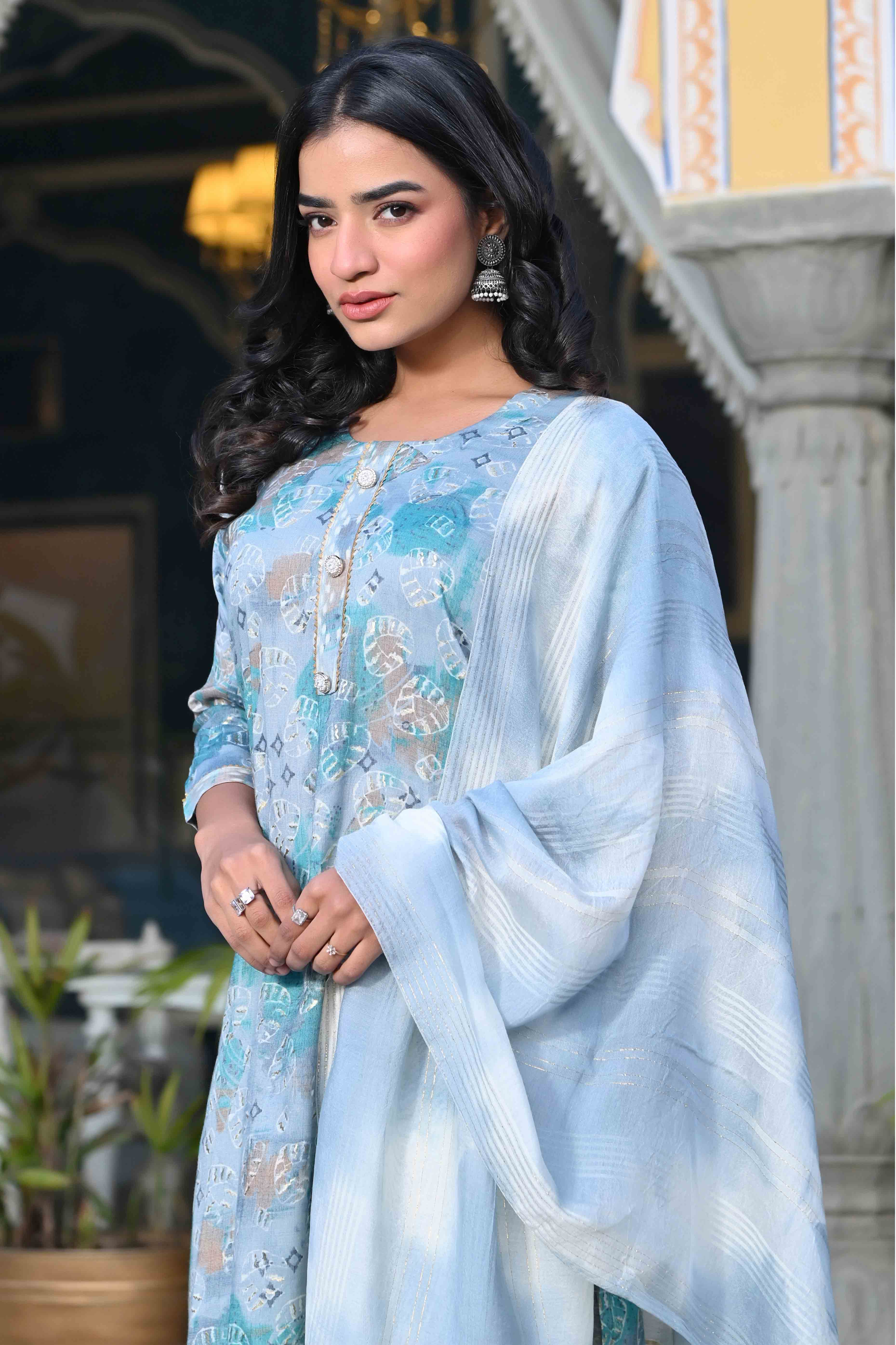 BlackTree grey-turquoise-floral-foil-printed-rayon-salwar-suit - view 8