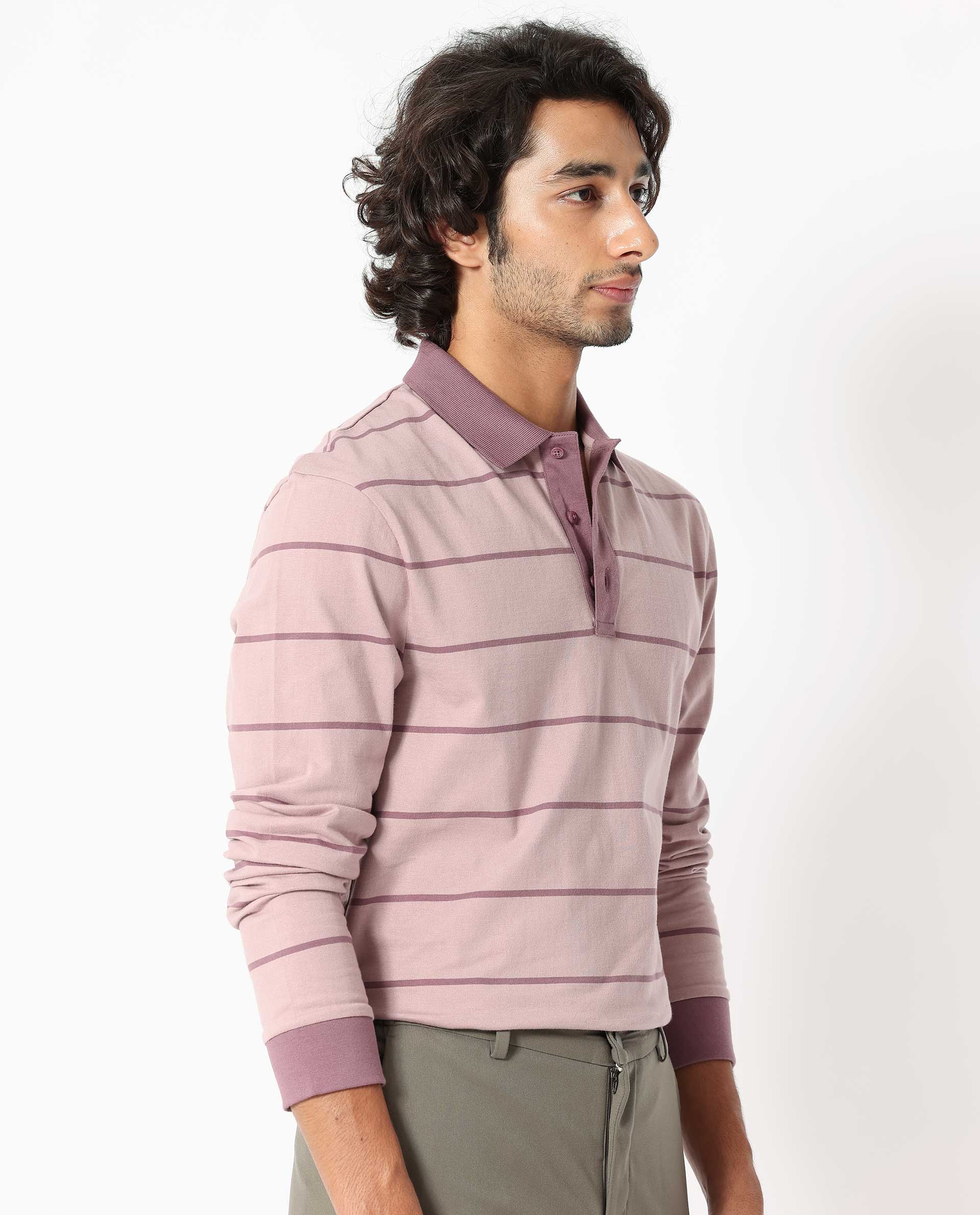 Rare Rabbit Men's Clove Dusky Pink Cotton Fabric Collared Neck Full Sleeves Striped Polo T-Shirt - view 7
