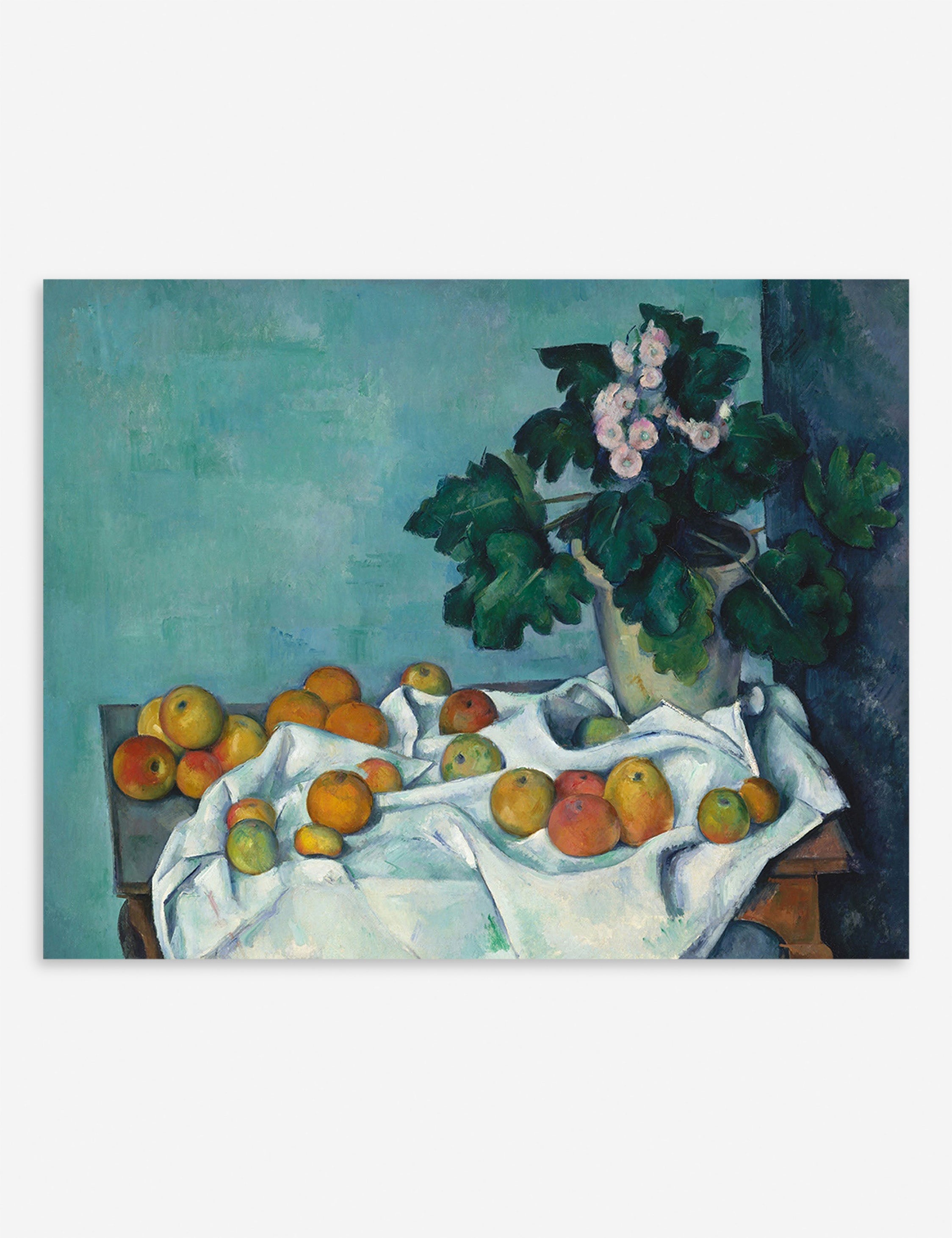 Lulu and Georgia Still Life with Apples and a Pot of Primroses Print by Paul Cézanne