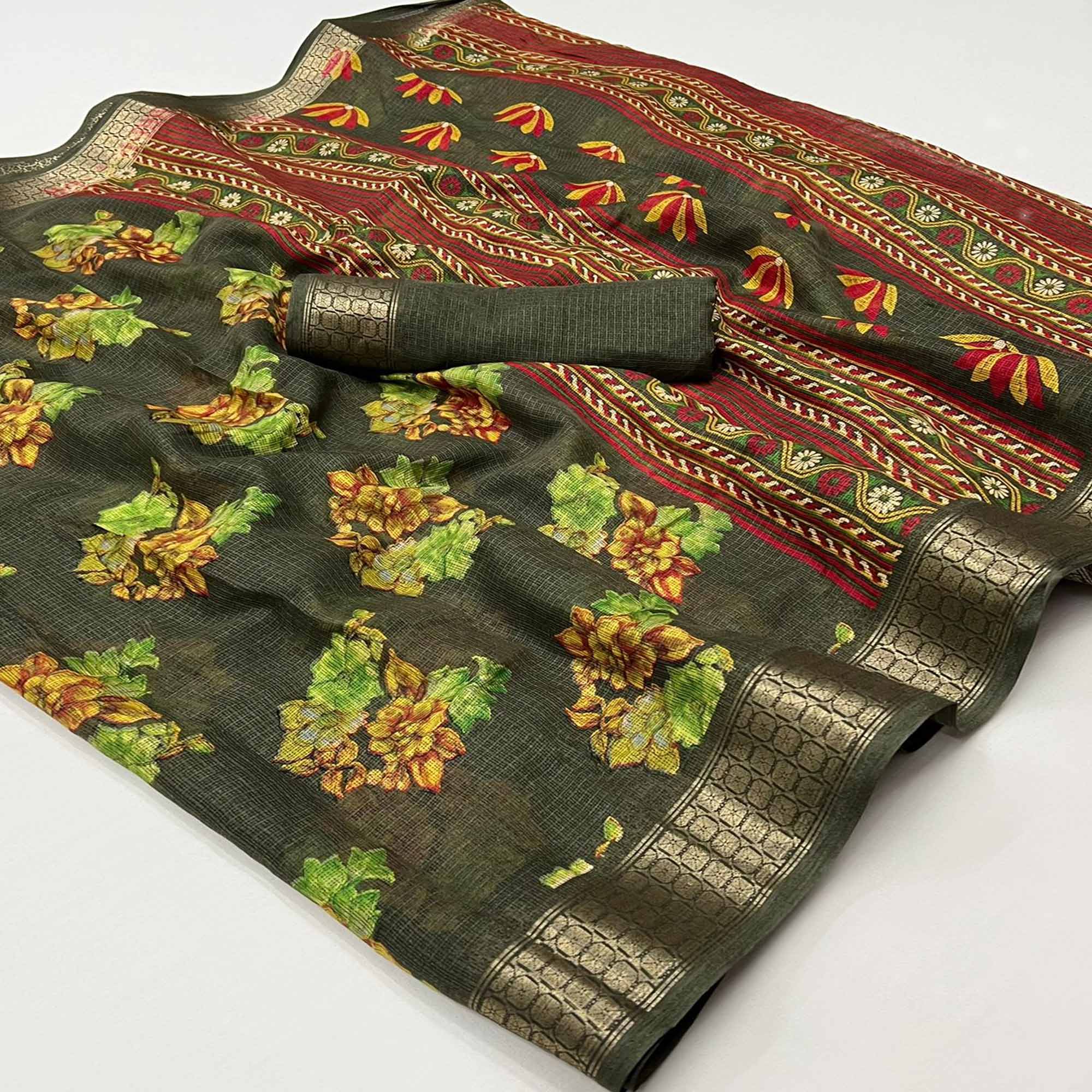 Peachmode Mehandi Green Floral Printed Cotton Silk Saree