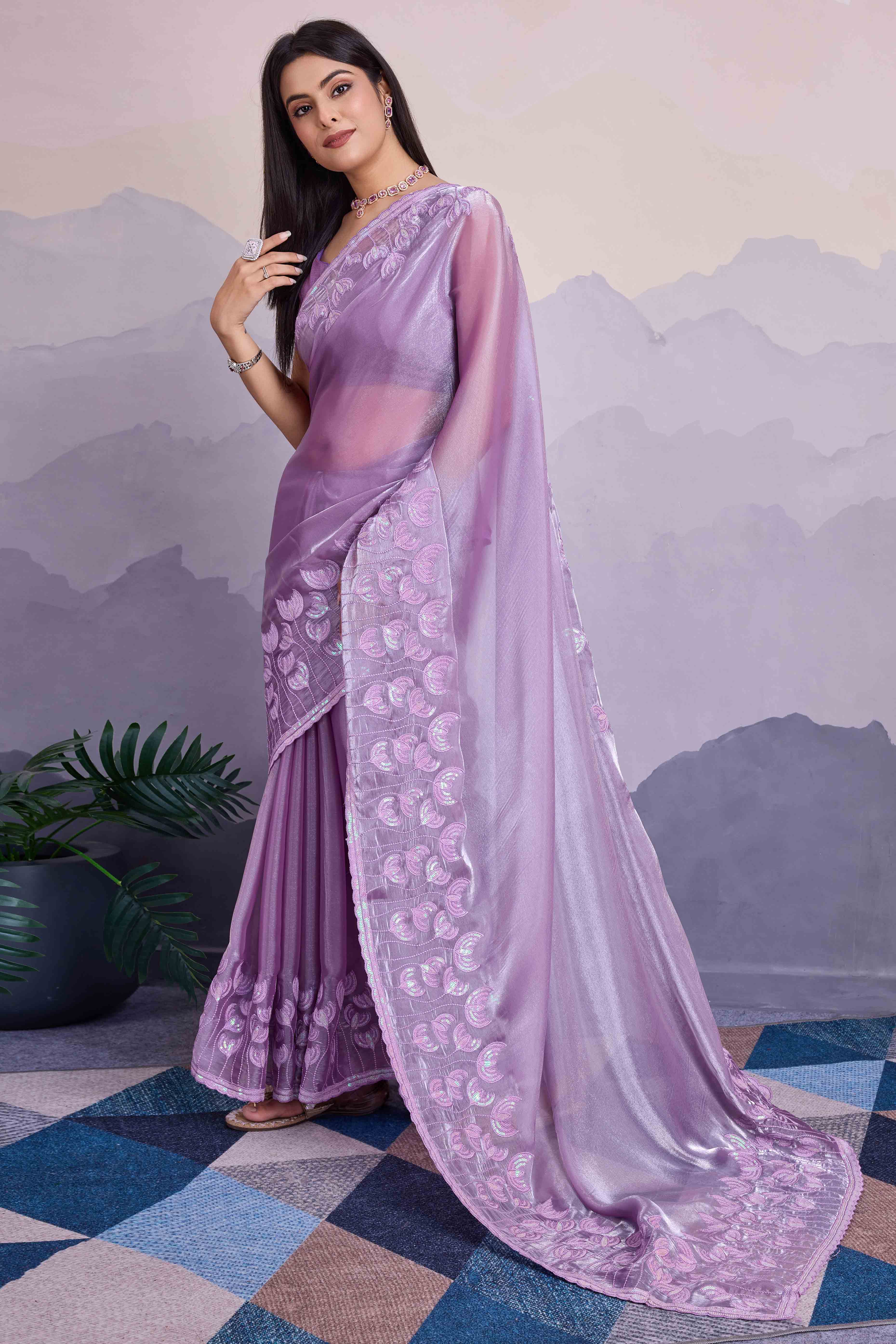 Peachmode Lavender Floral Sequins Embroidered Jimmi Choo Zoya Silk Saree - view 4