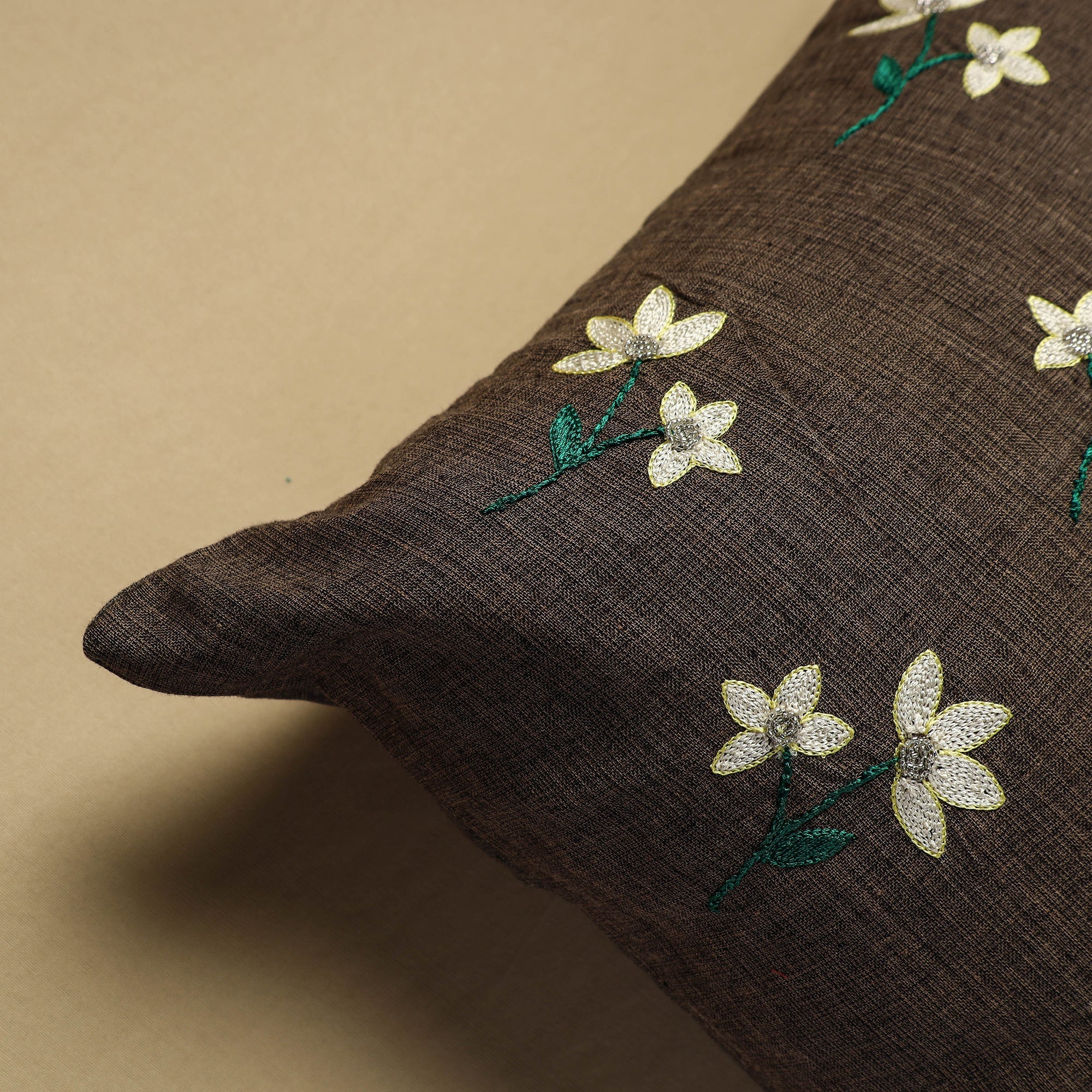 NOORI BAZAR Brown - Hand Embroidery Plain Cotton Cushion Cover (16 x 16 in) - view 2