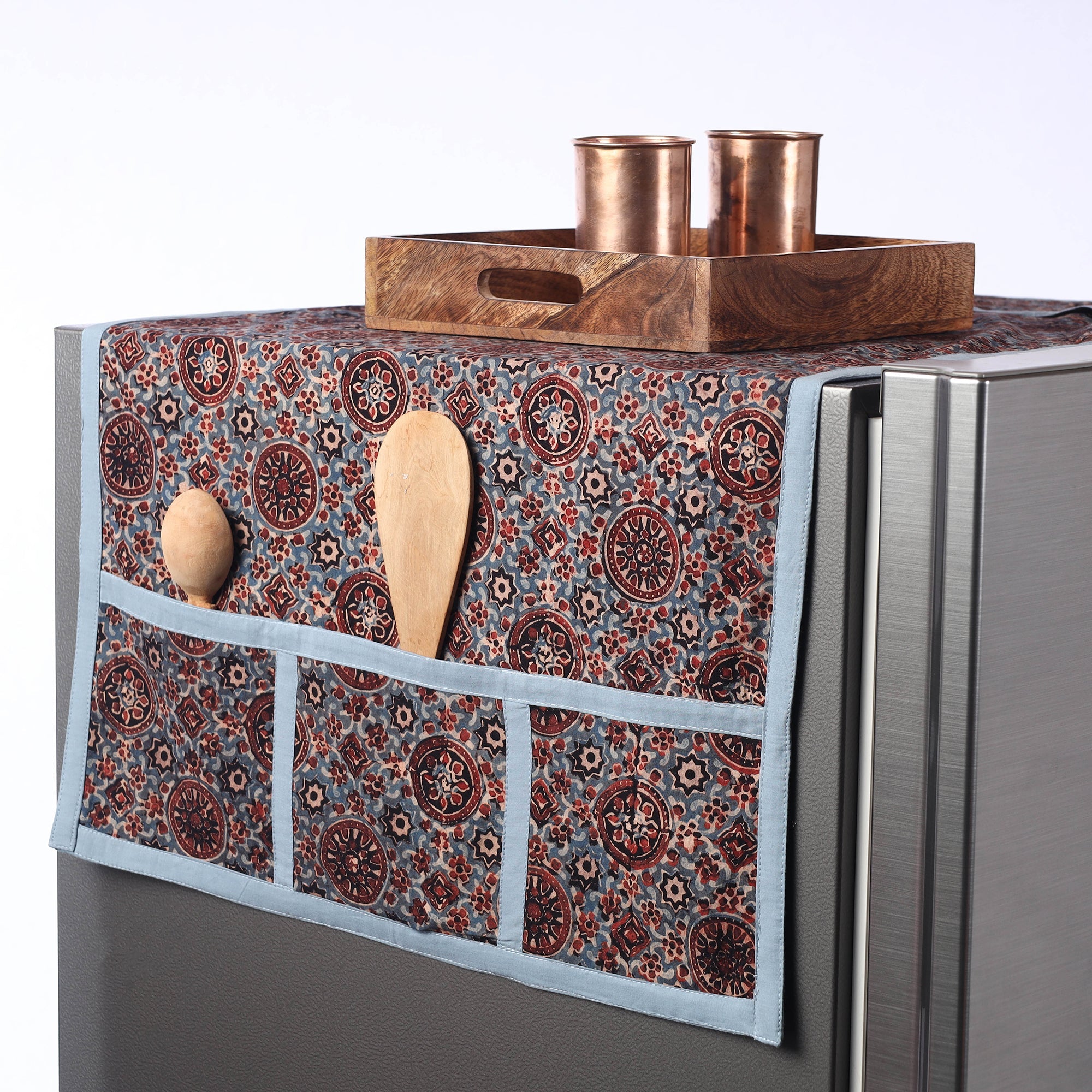 JALPARI Ajrakh Block Printed Cotton Fridge Top Cover with Multiple Pockets