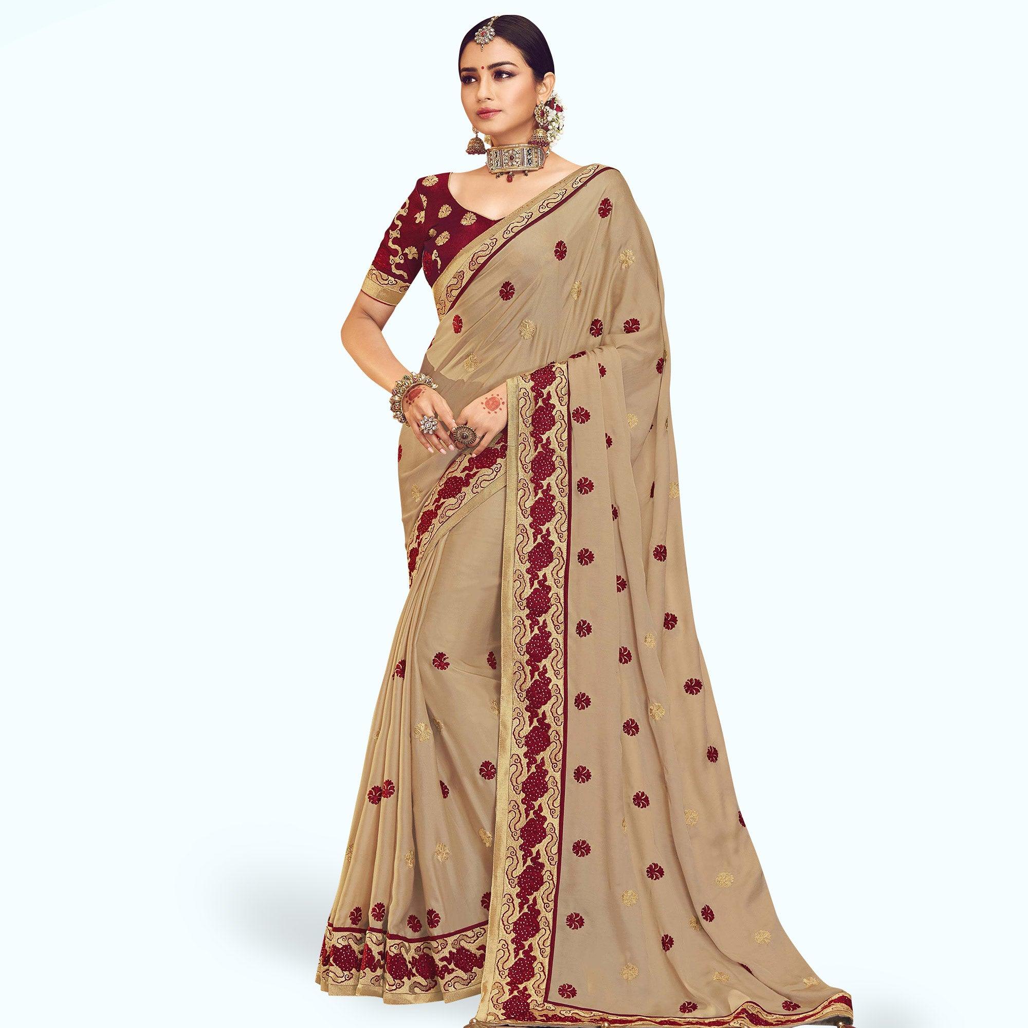 Peachmode Lovely Beige Colored Partywear Embroidered Chinon Silk Saree