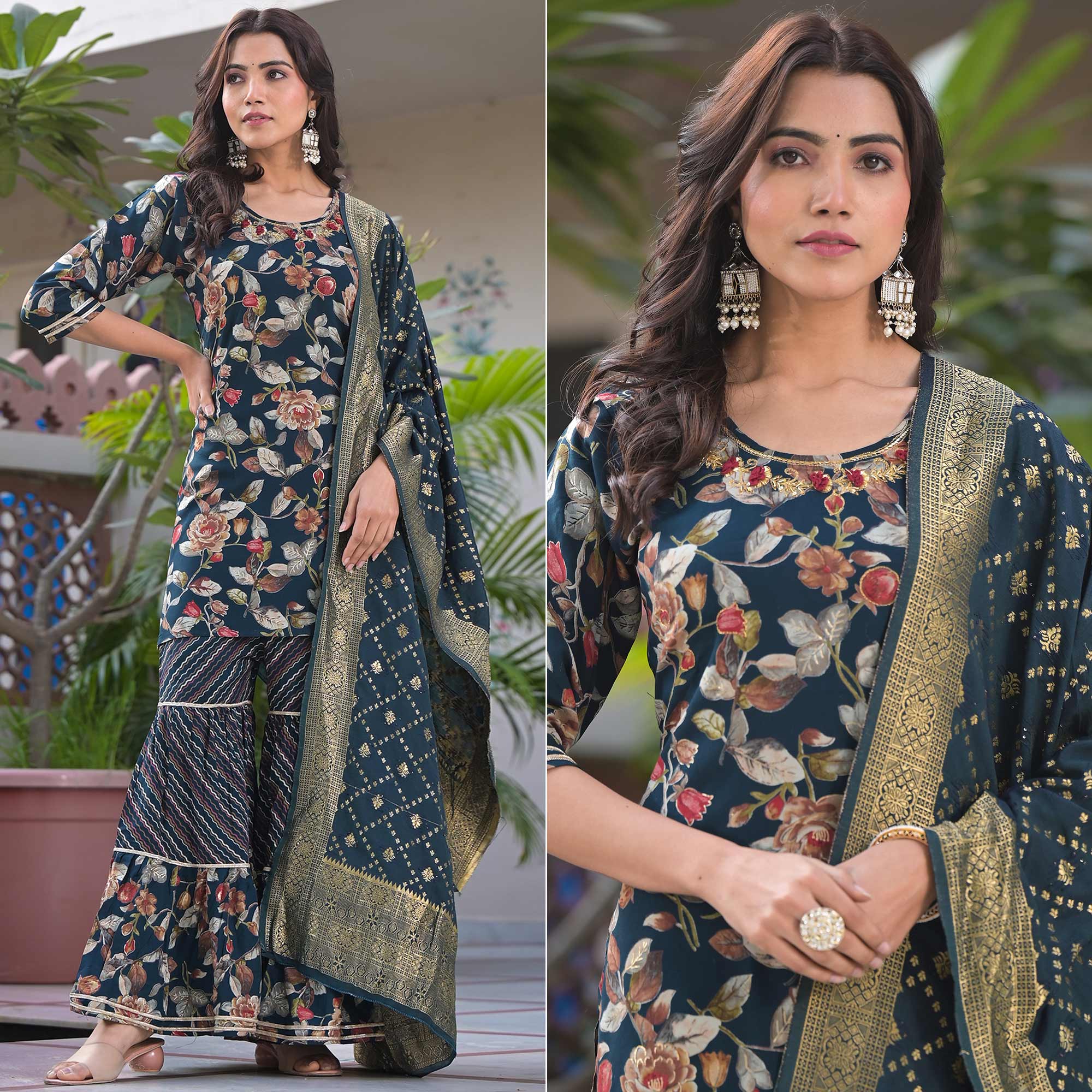 Green suits – BlackTree green-floral-foil-printed-rayon-sharara-suit-with-handcrafted