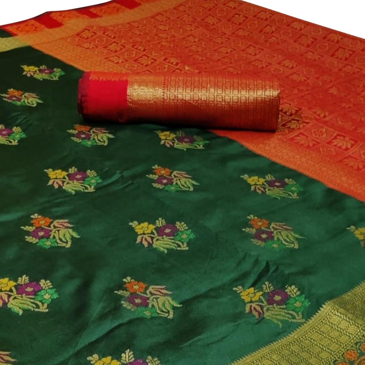 Peachmode Dazzling Dark Green Colored Festive Wear Woven Silk Saree - view 2