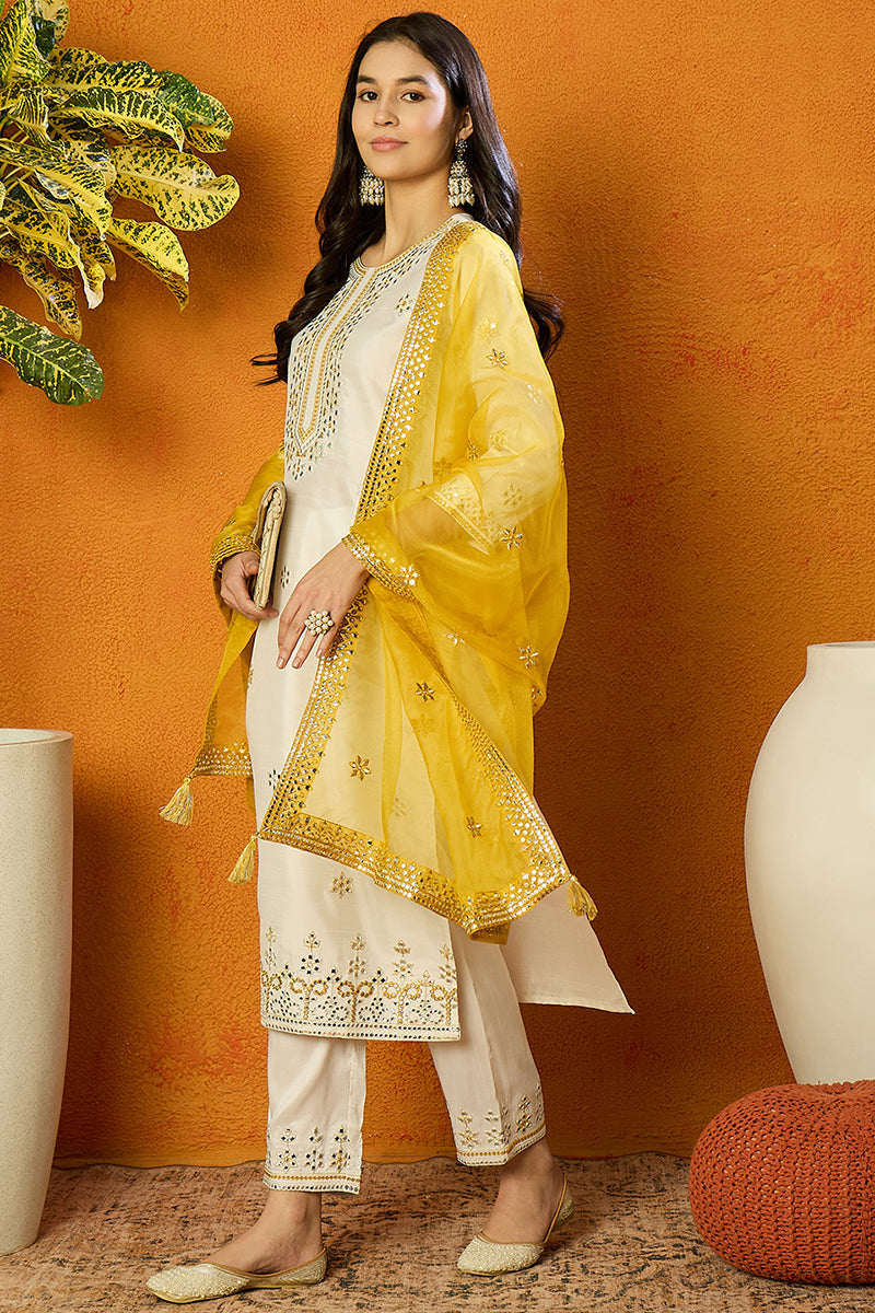 Ahika White Silk Blend Solid Embroidered Straight Suit Set PKSKD2471 - view 5