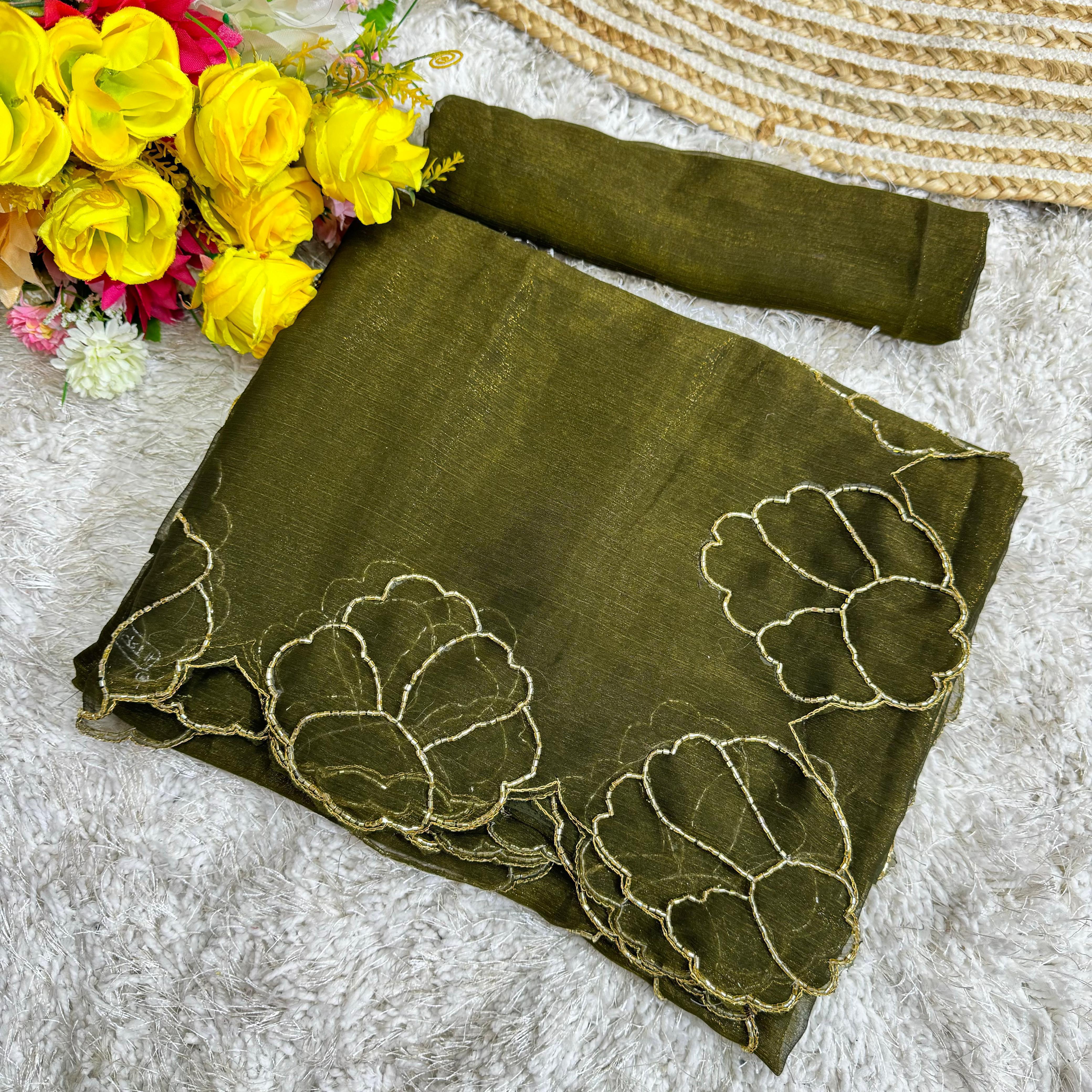 ClothsVilla Mehndi Green Lotus Jari Silk Saree with Exquisite Golden Handwork & Running Blouse - view 6