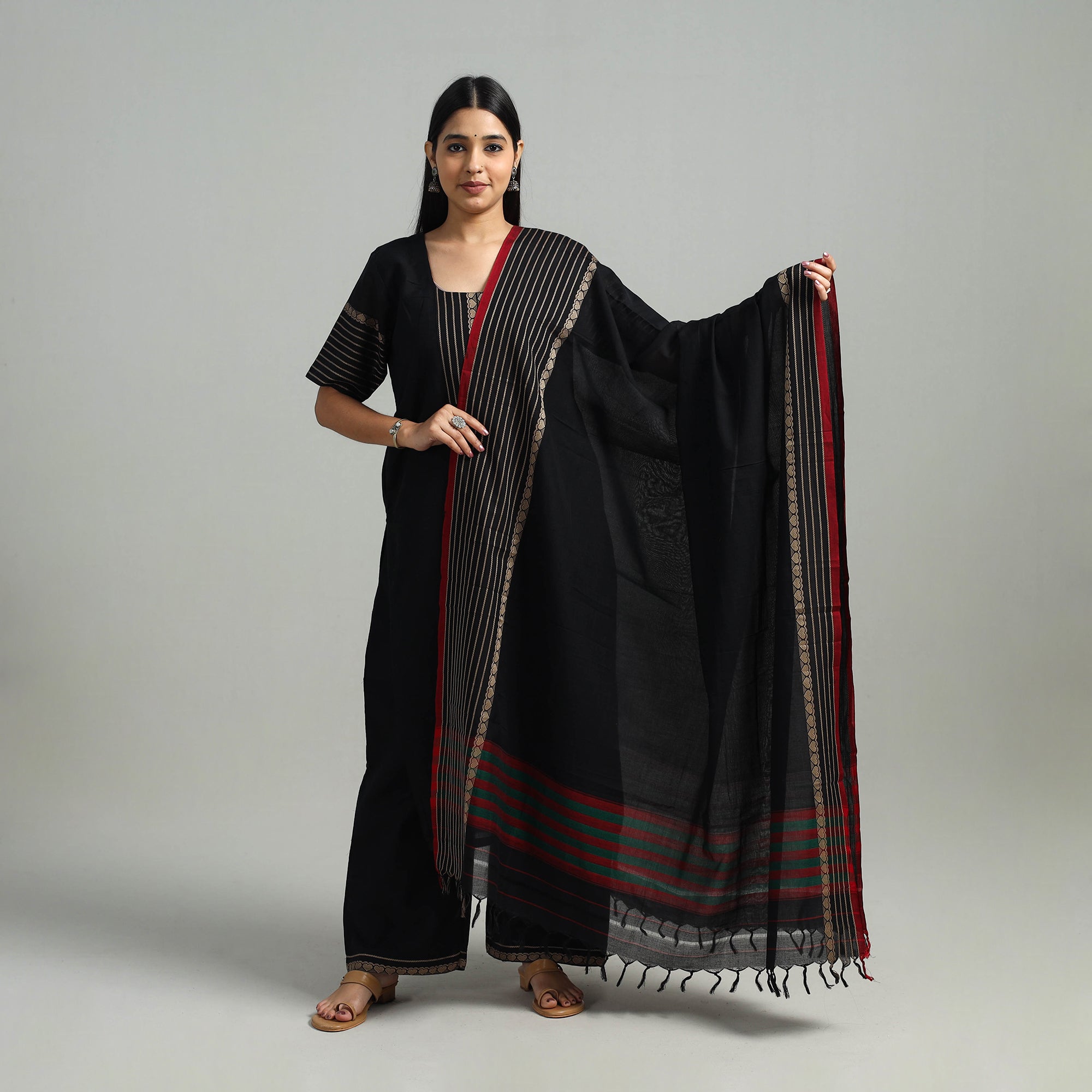 ITOKRI CASUALS Black - Cotton Dharwad Kurta Set with Palazzo & Dupatta 03