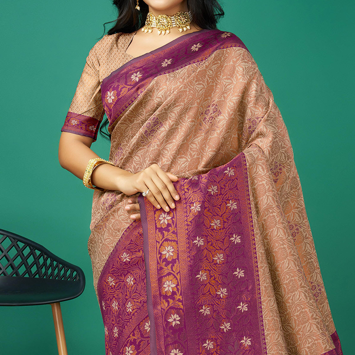 Peachmode Chikoo Zari Woven Banarasi Silk Saree With Tassels - view 3