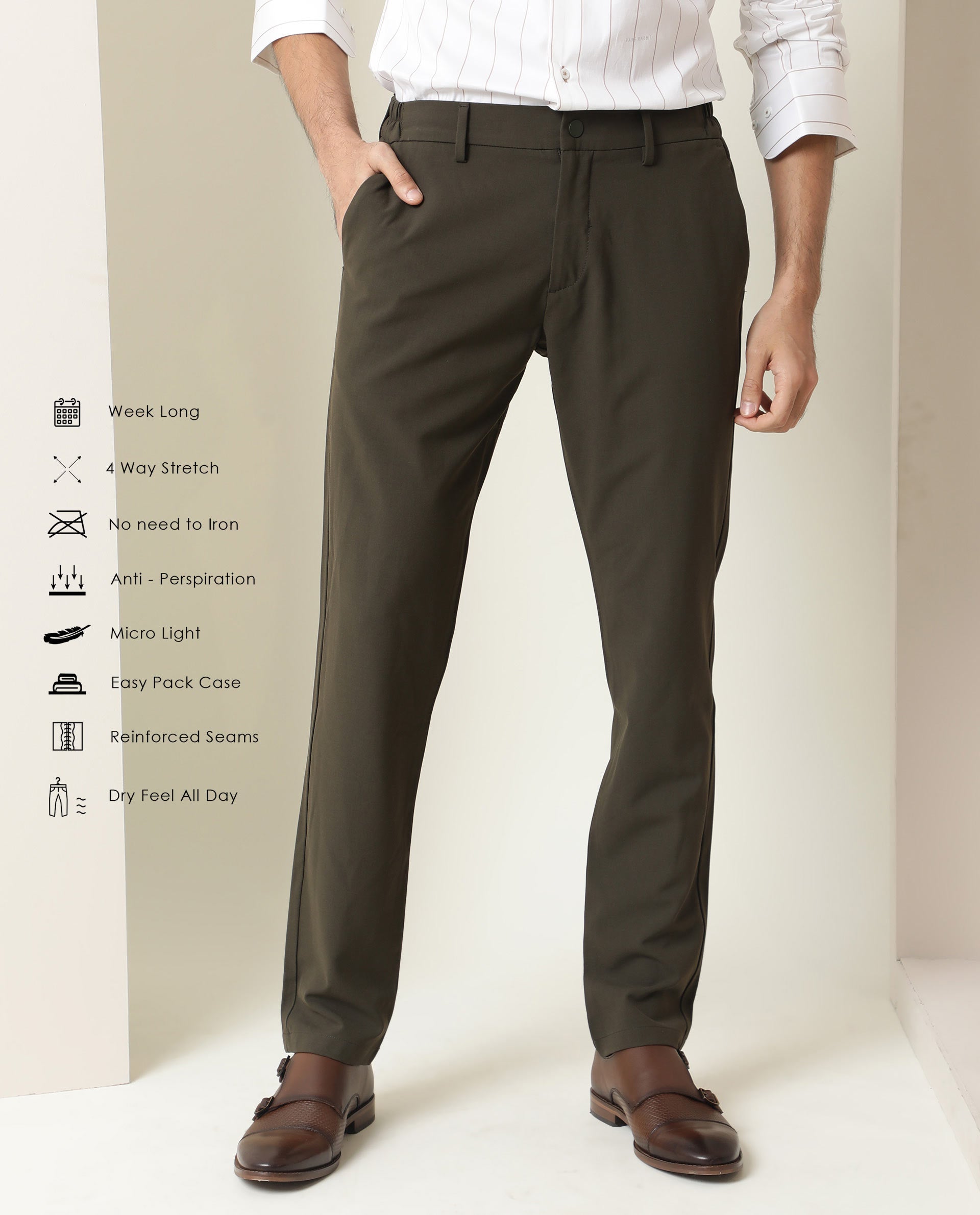 ARTICALE Rare Rabbit Men's Traverse Olive Solid Mid-Rise Regular Fit Stretch Trouser
