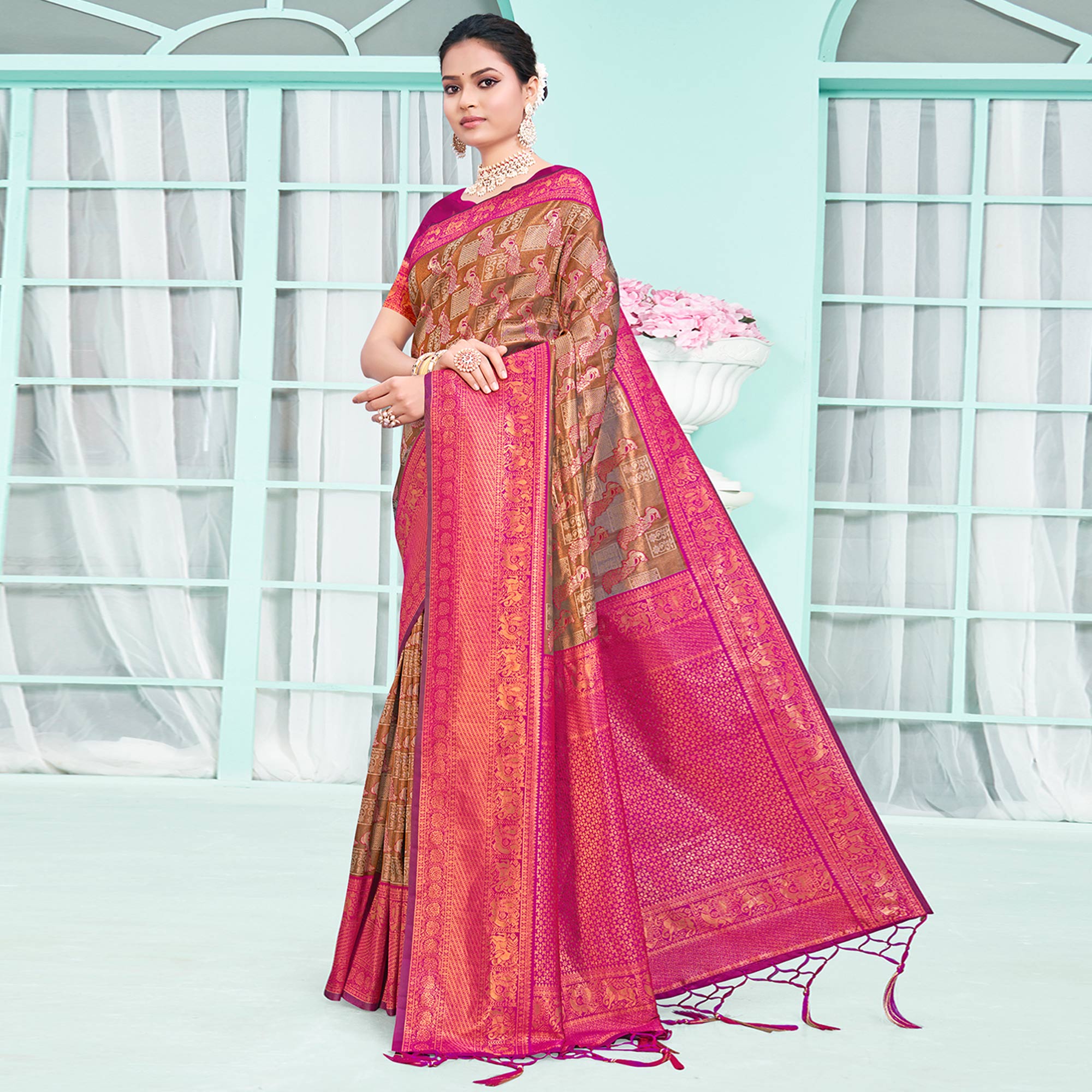 Peachmode Brown & Rani Pink Woven Cotton Silk Saree With Tassels