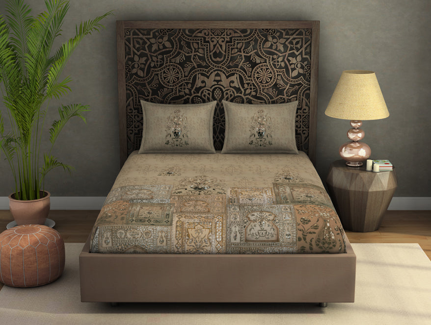 Spaces India Floral Moonlight - Light Brown 100% Cotton King Size Bedsheet - Marble Inlay - Rangana By Spaces