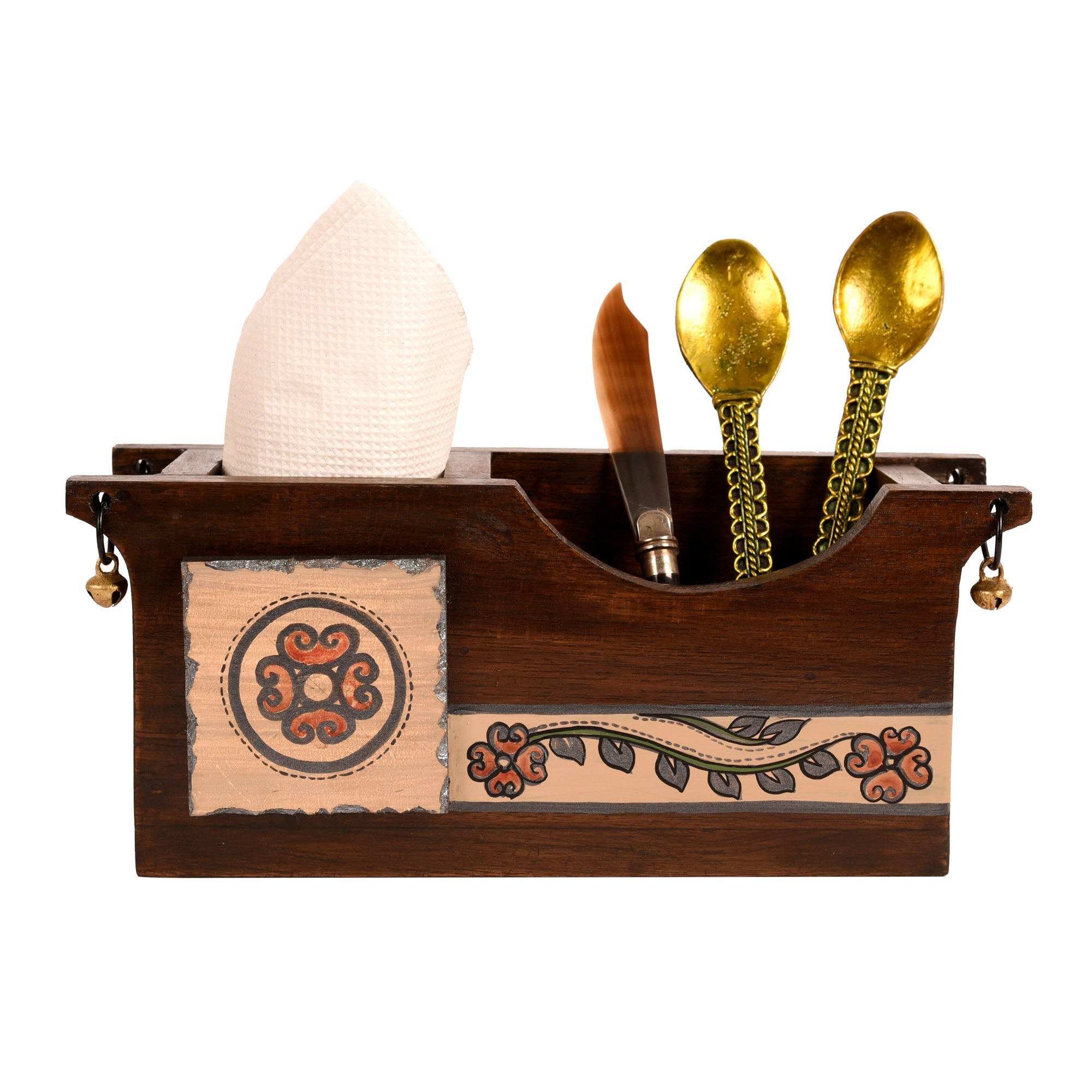 ART CREATIONS BY SUMAN SONTHALIA Brown - Cutlery Holder Handcrafted in Wood with Folk Art (9.2x3.3x4") - view 2