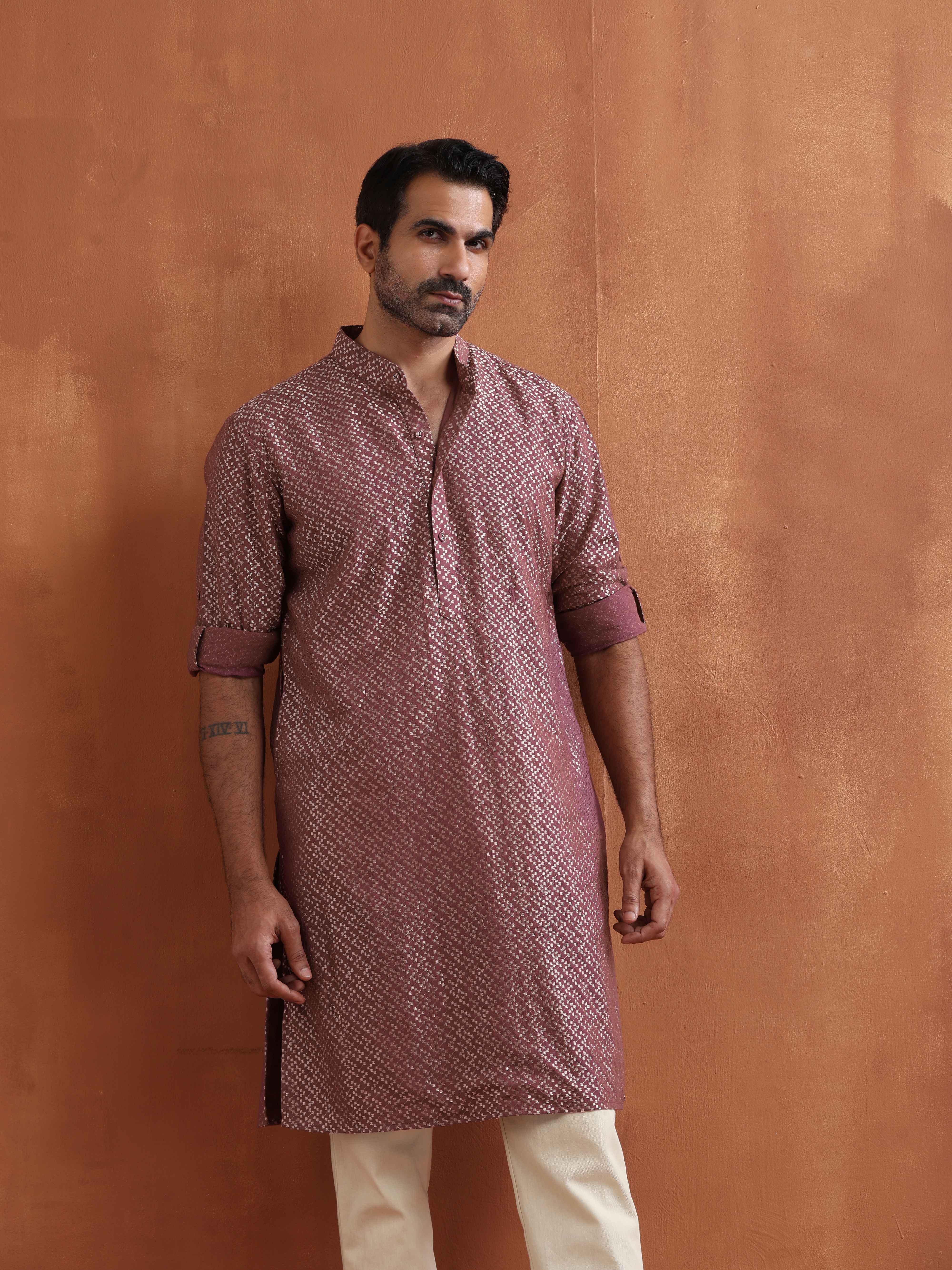trueBrowns Men's Purple Cotton Dobby Kurta - view 3