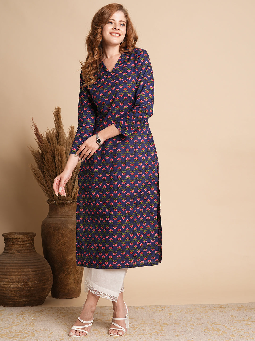 FASHOR Floral Printed Straight Fit Kurta - Blue
