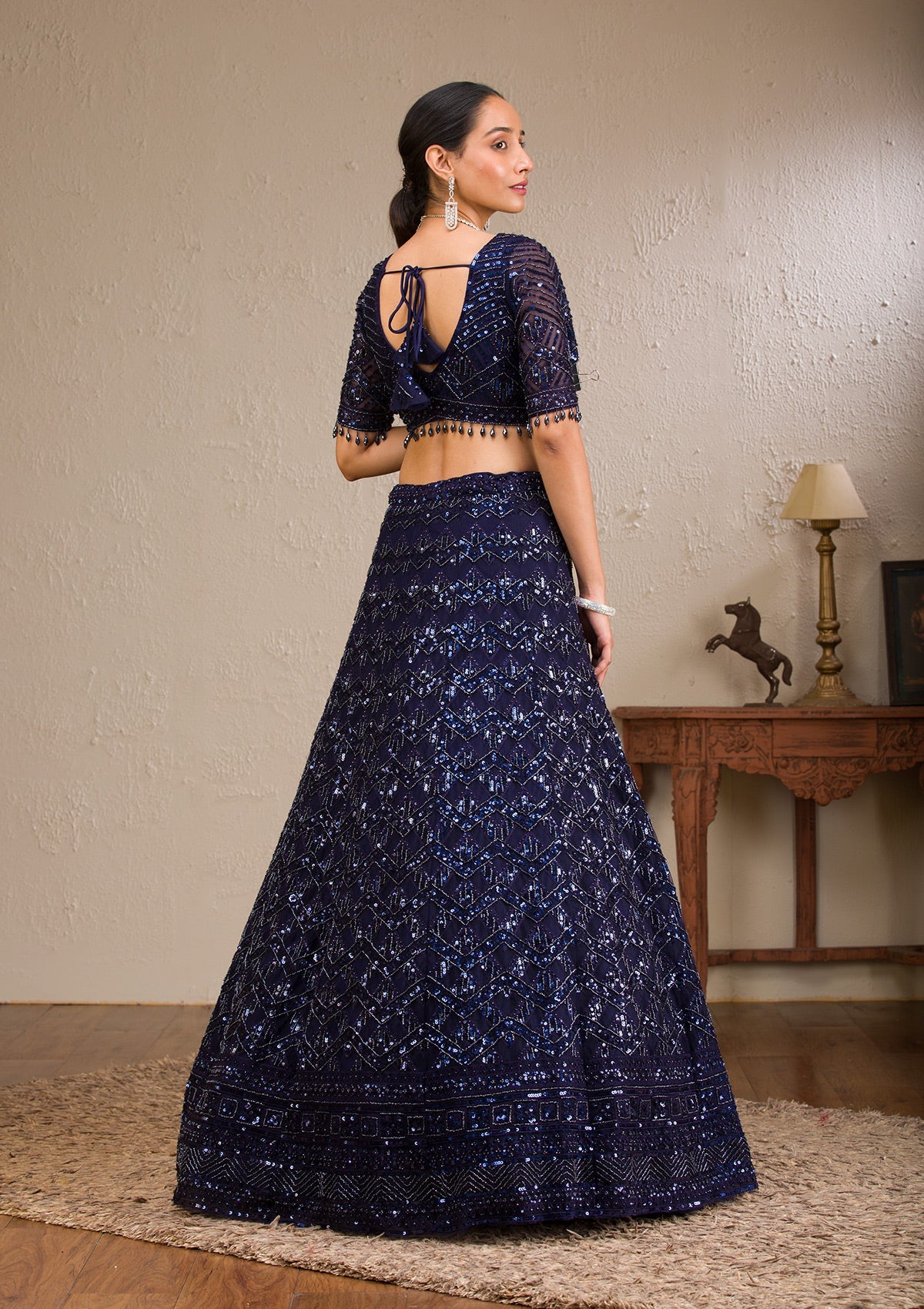 Koskii Navy Blue Sequins Net Readymade Lehenga - view 3