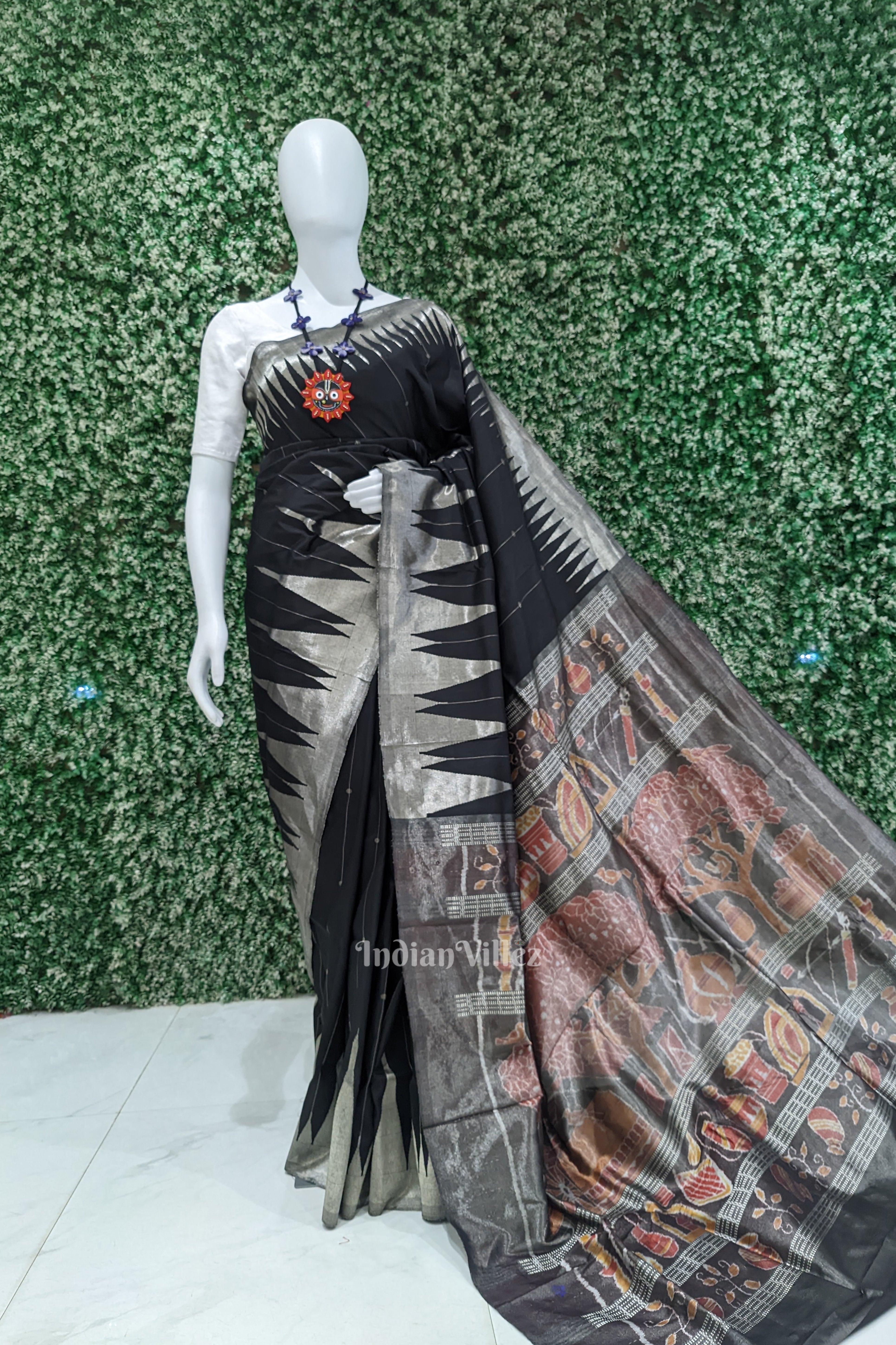 IndianVillèz Black with Golden Zari (Tissue) Phoda Kumbha Sambalpuri Silk Saree