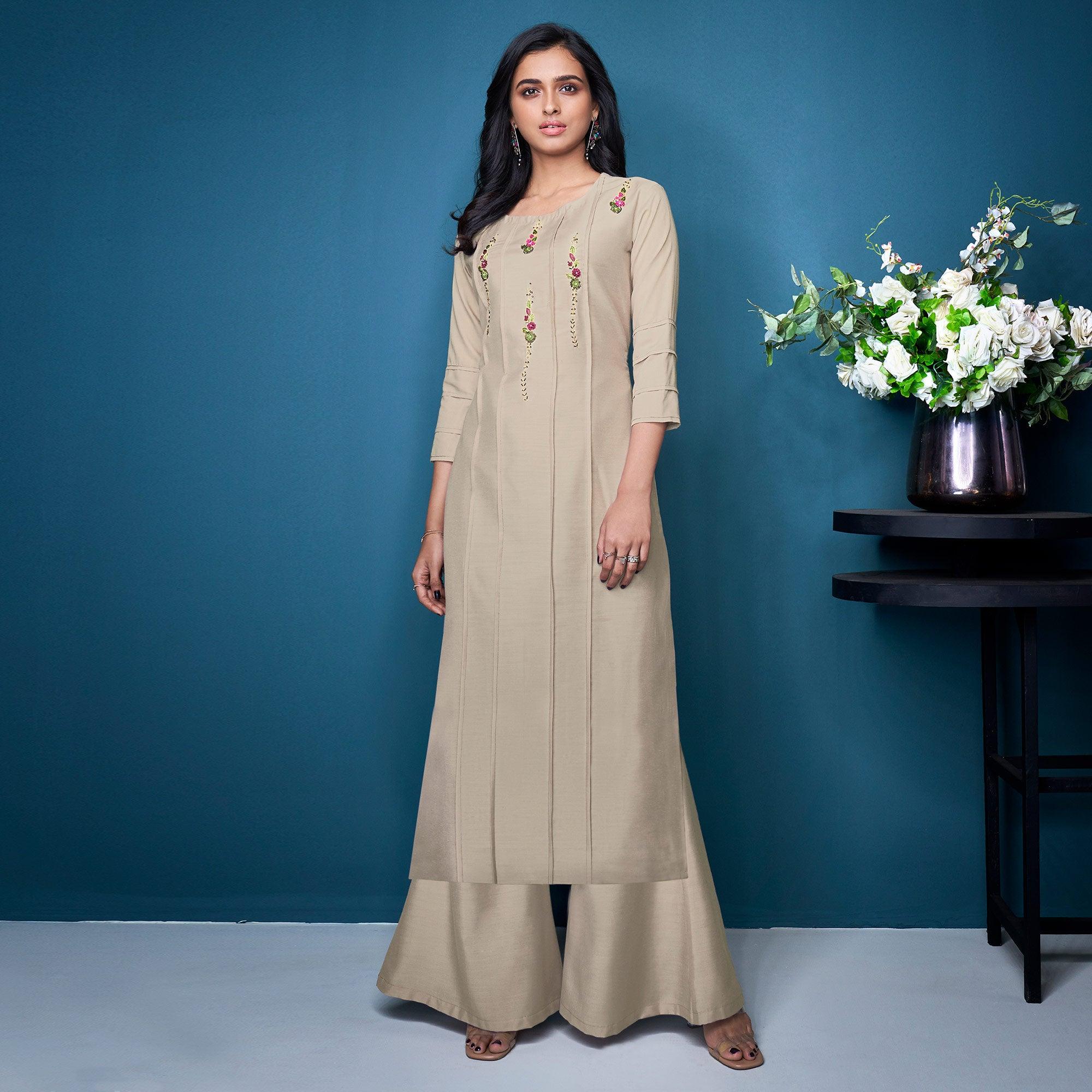 Peachmode Seller Cream Partywear Floral Embroidered Handwork Silk Kurti Palazzo Set
