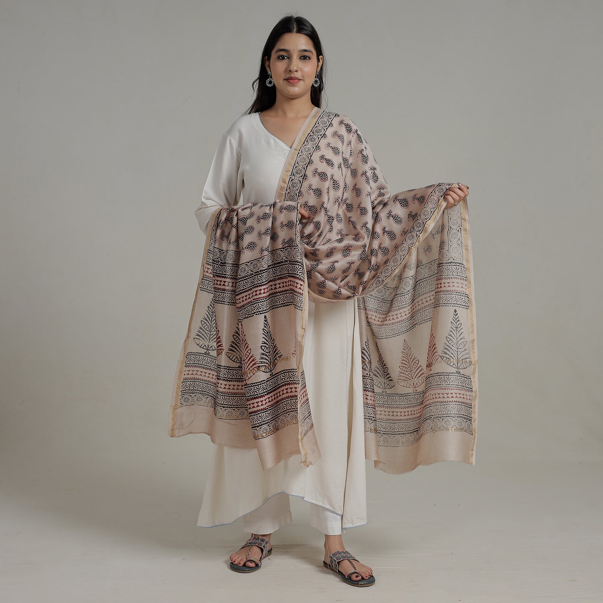 BAGH PRINTS BY YAKOOB KHATRI Beige - Block Printed Chanderi Silk Bagh Dupatta 36