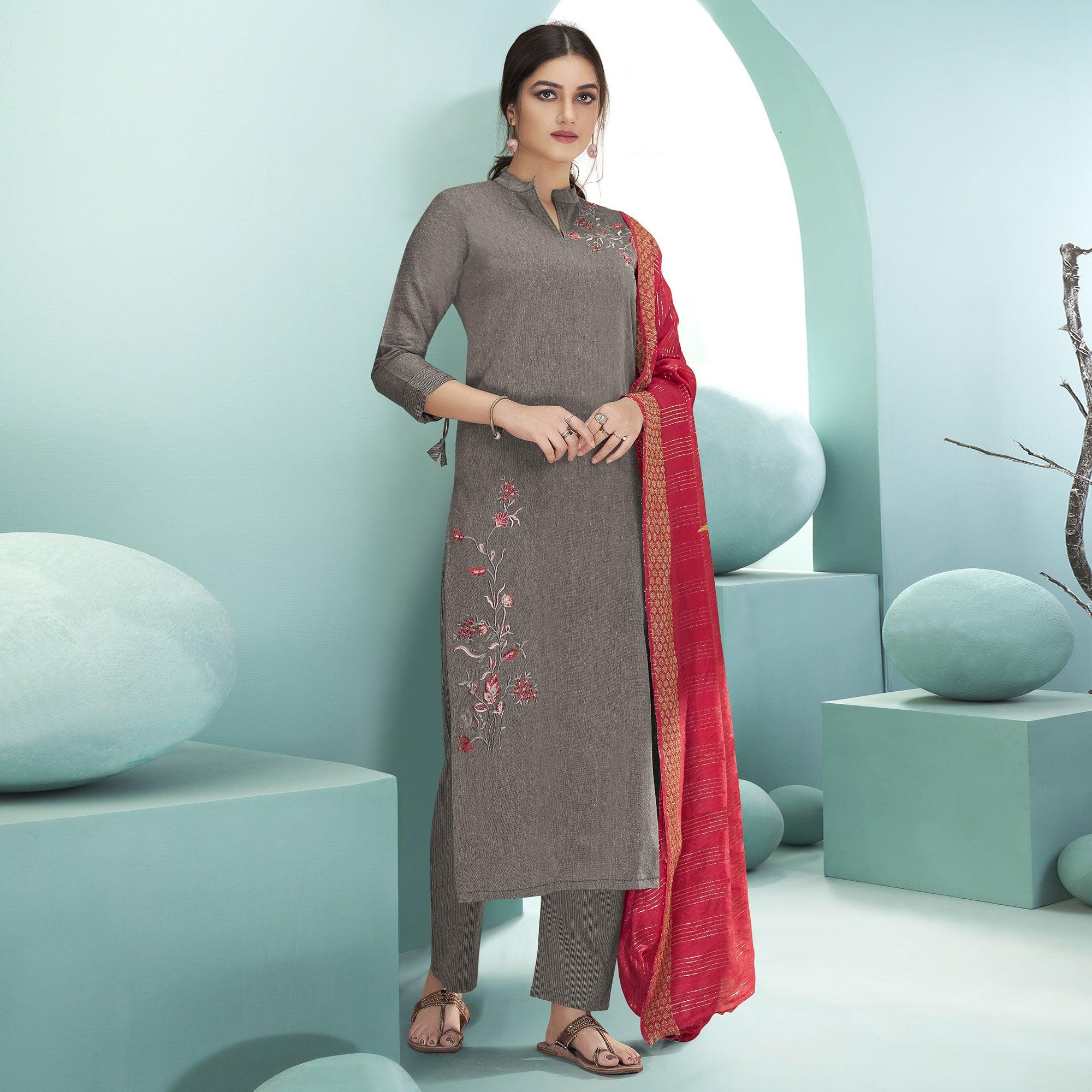 Peachmode Seller Dark Grey Casual Wear Embroidered Cotton Suit