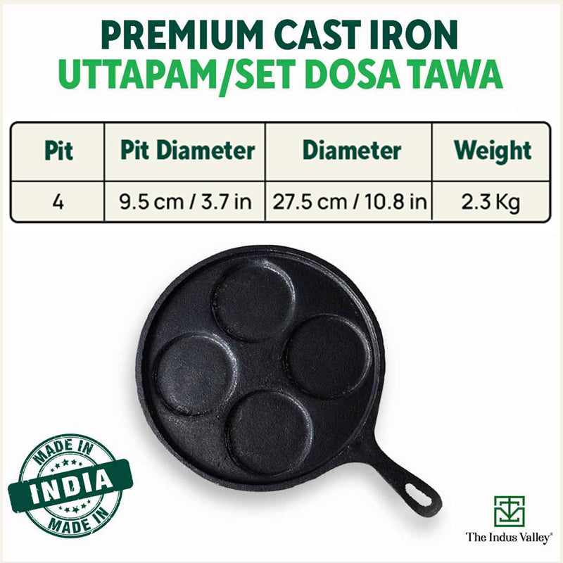 The Indus Valley CASTrong Cast Iron Uttapam/ Set Dosa Tawa, 4 Pit,Pre-seasoned, 100% Pure, Toxin-free, Induction, 27.5cm - view 3