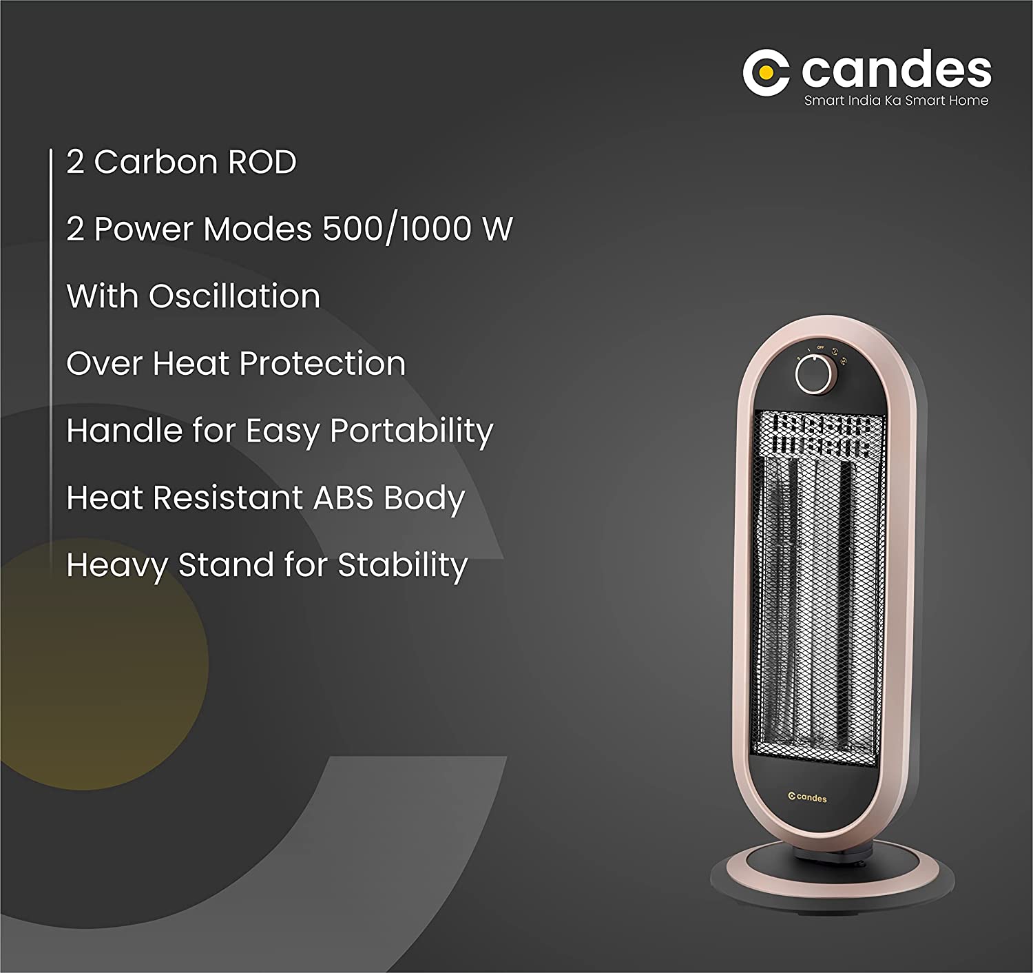 Candes Carbon 2 Rod Room Heater for Winter with 2 Heat Setting - 500W/1000W (Black/Brown) - view 3