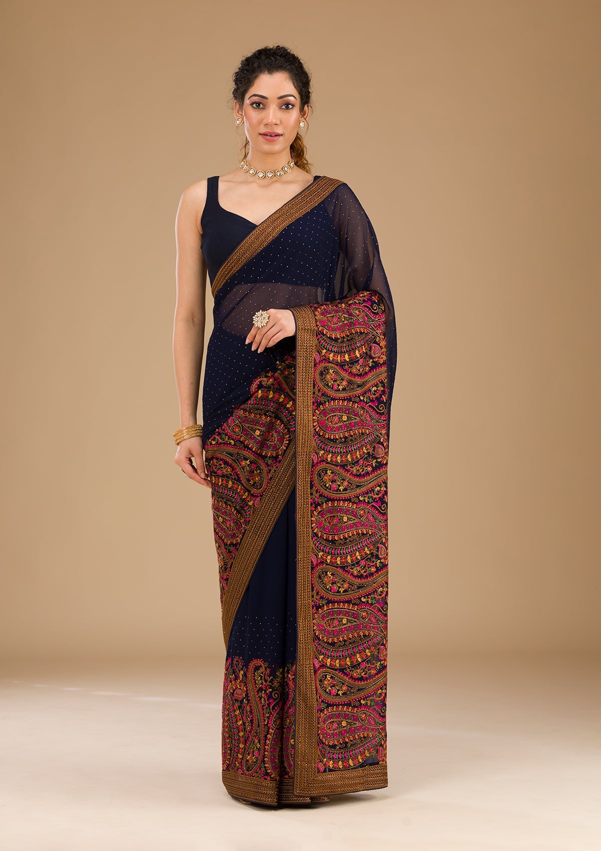 Koskii Navy Blue Threadwork Georgette Saree – Women's - view 3