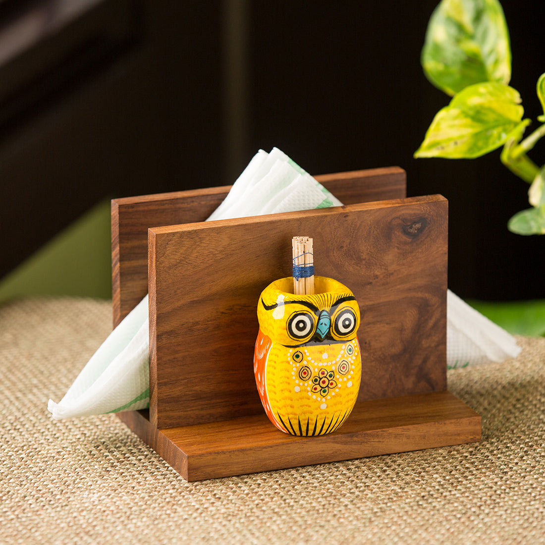 EXCLUSIVELANE Brown - 'An Owl's Vibrance' Tissue Toothpick Holder In Sheesham & Gular Wood