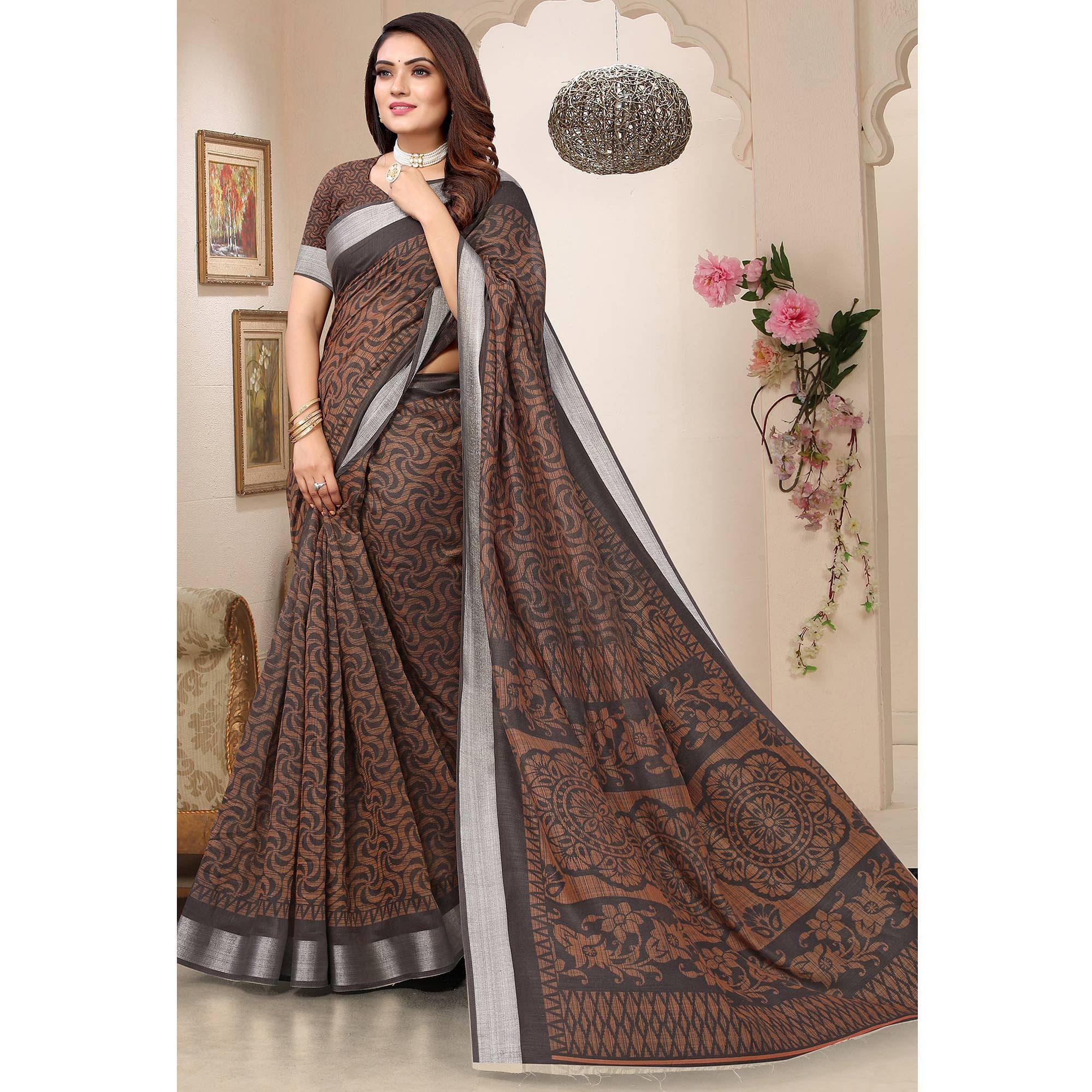 Peachmode Coffee Printed Linen Saree – Women's - view 2