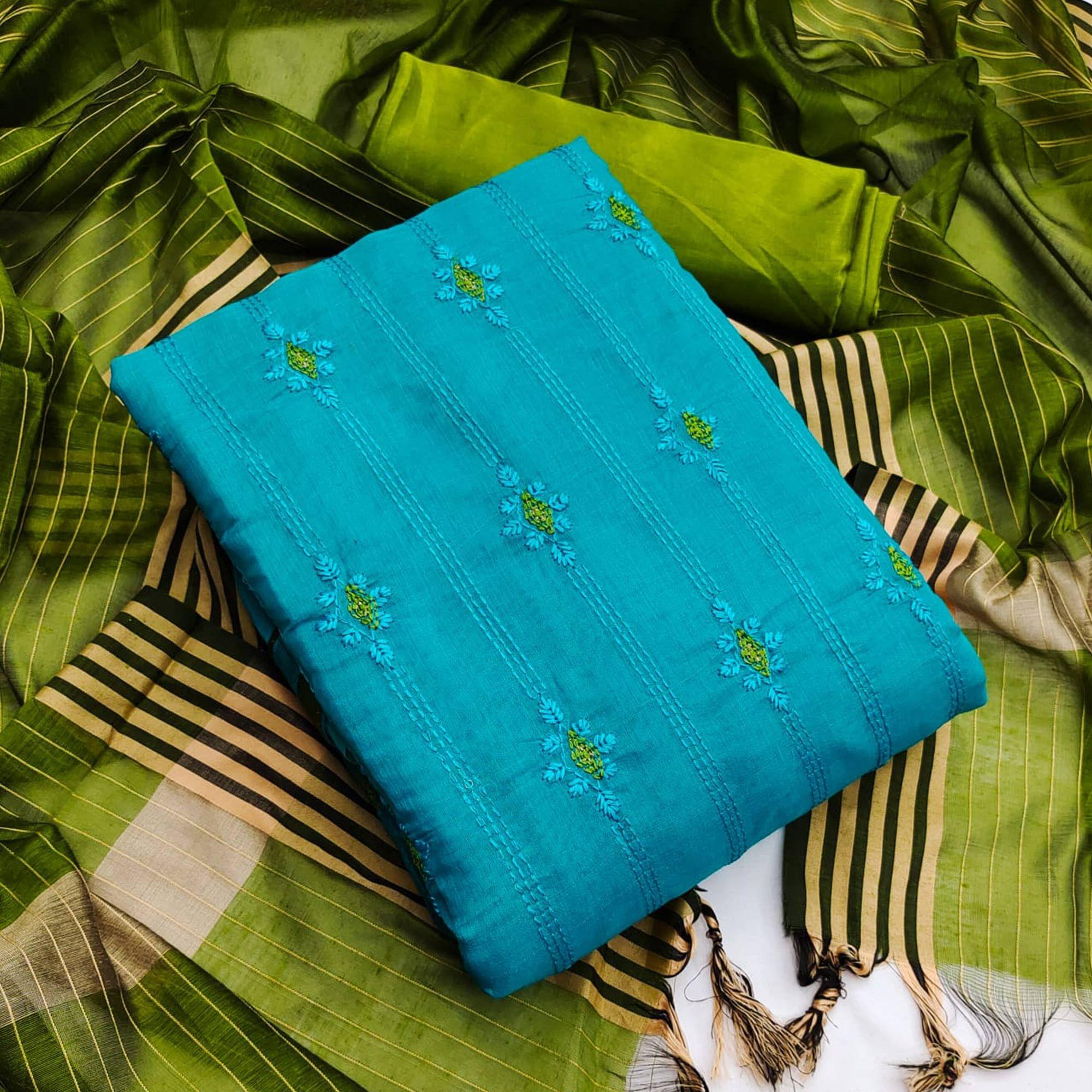Peachmode Firozi-Blue Casual Wear Embroidered Chanderi Dress Material