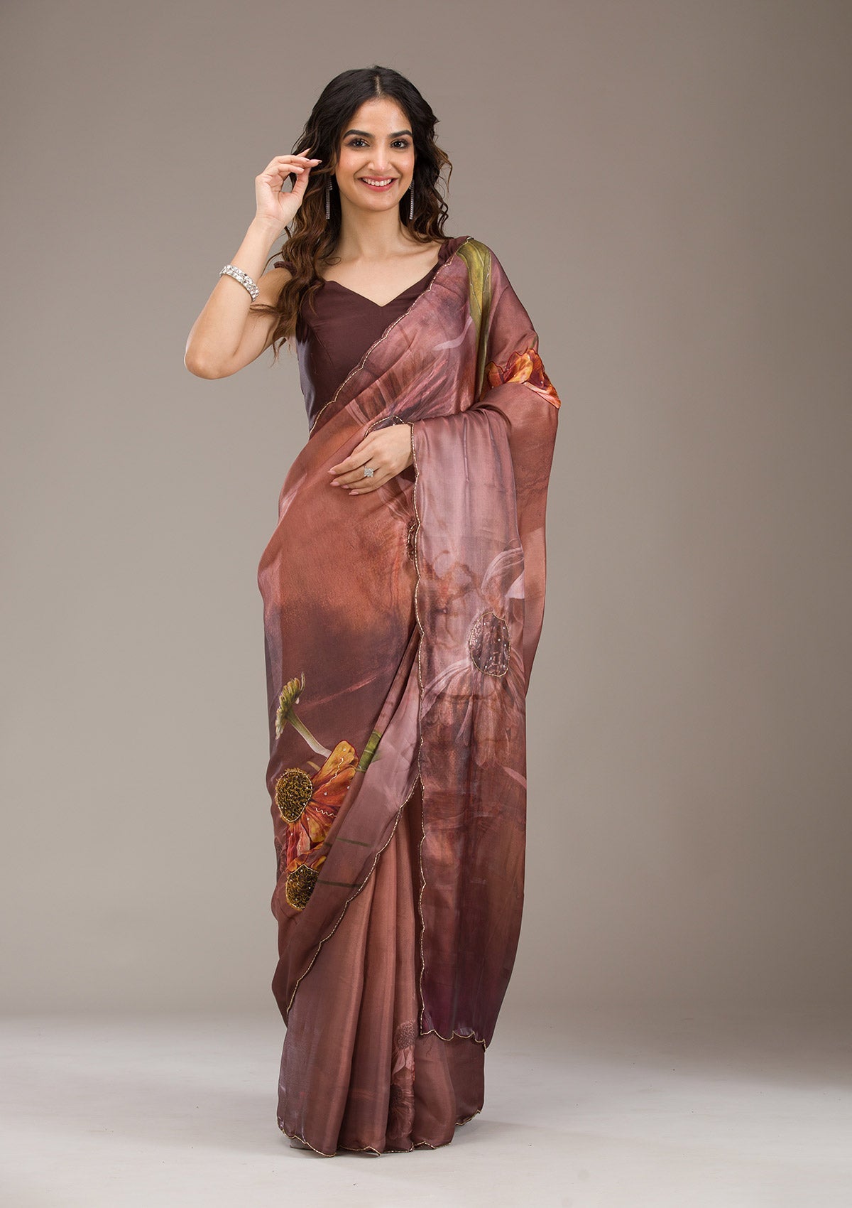 Koskii Brown Printed Tissue Saree – Women's