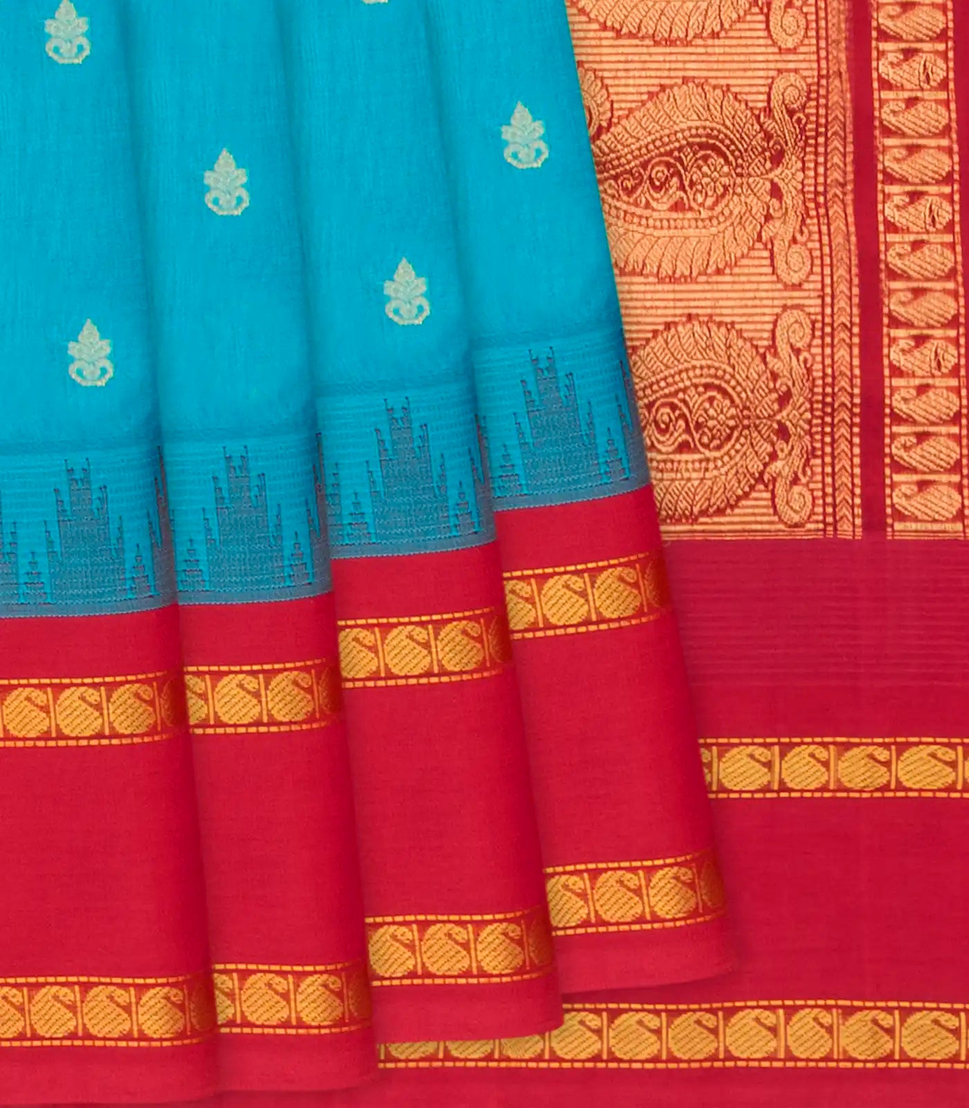 RmKV Cyan Handloom Silk Cotton Saree With Kalash Butta & Contrast Temple Border-Cyan