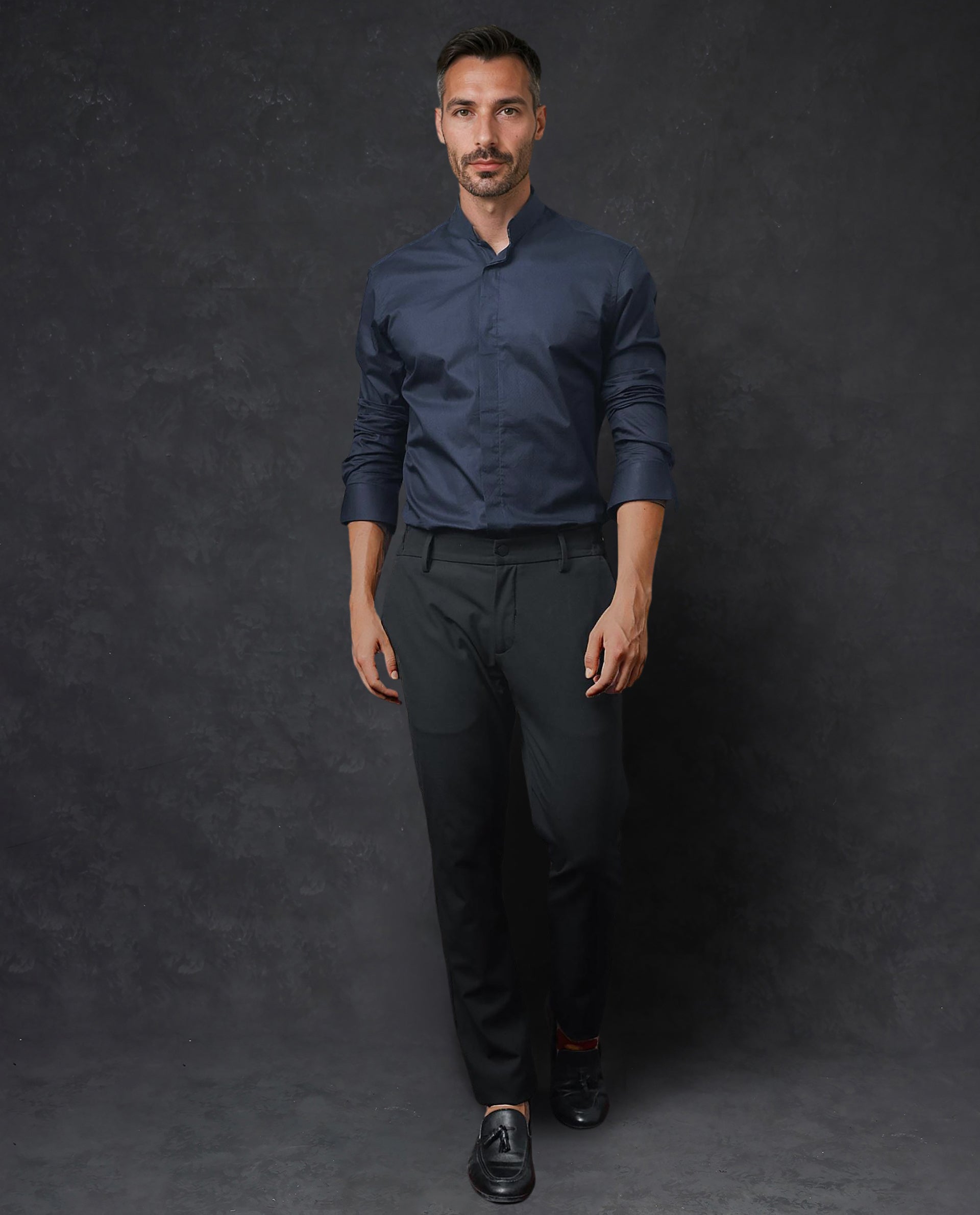 Rare Rabbit Men's Radon Navy Cotton Fabric Mandarin Collar Full Sleeves Solid Shirt - view 2