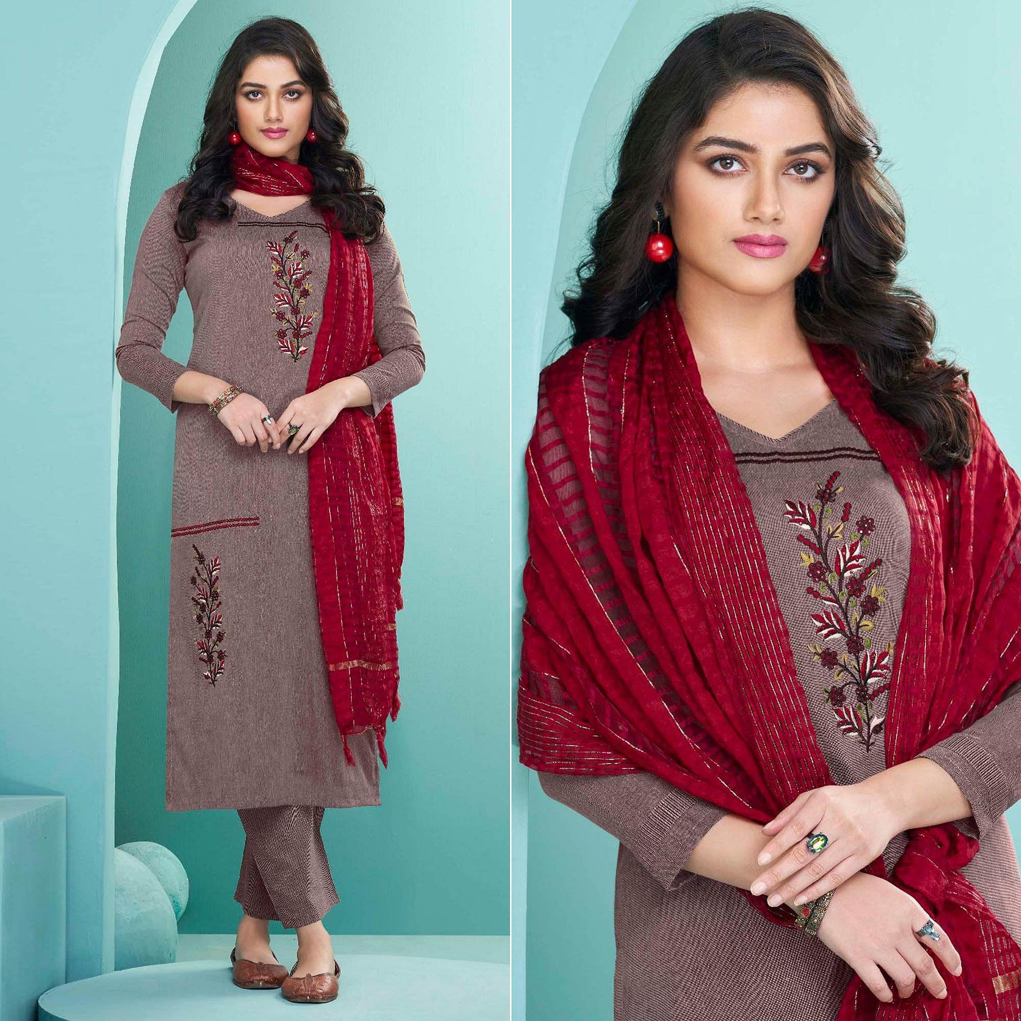 Peachmode Seller Mauve Embroidered Cotton Kurti Pant Set With Dupatta