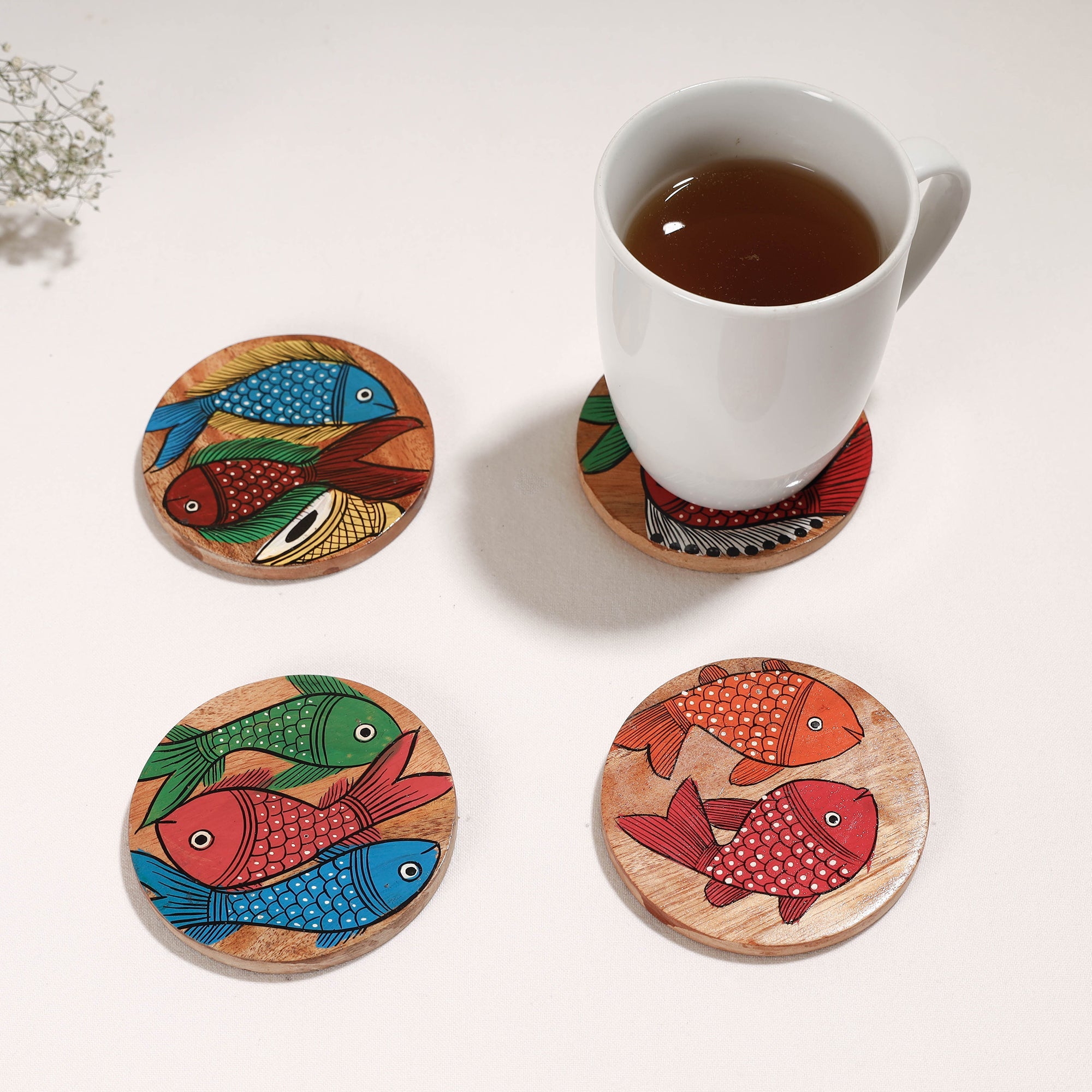 ITOKRI CRAFTS INITIATIVE Bengal Patua Handpainted Akashmoni Wooden Coasters (Set of 4)
